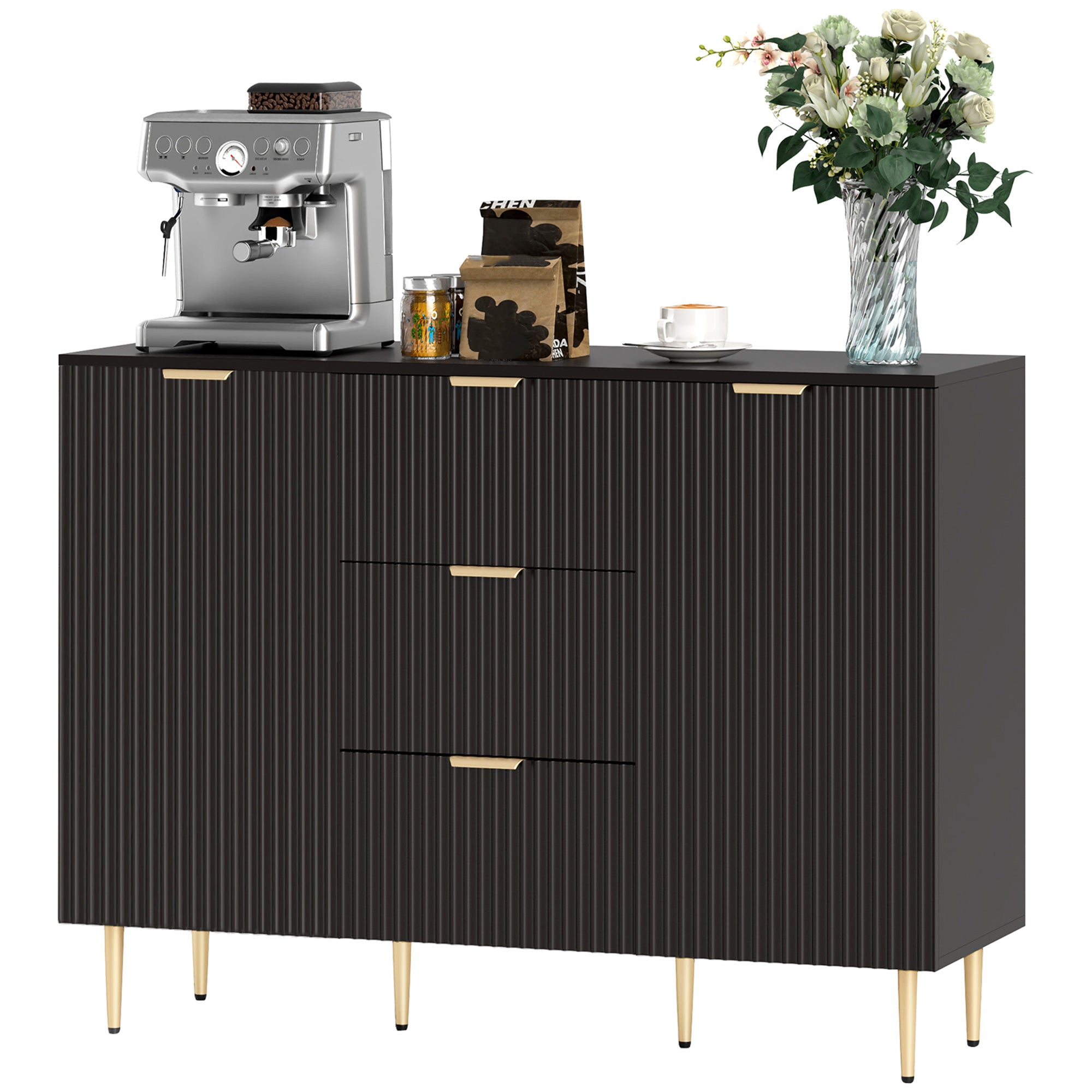 HOMCOM Sideboard Buffet Cabinet, Modern Kitchen Storage Cabinet with 3 Drawers and Adjustable Shelves, Fluted Coffee Bar Cabinet with Metal Legs for Kitchen Hallway, Black