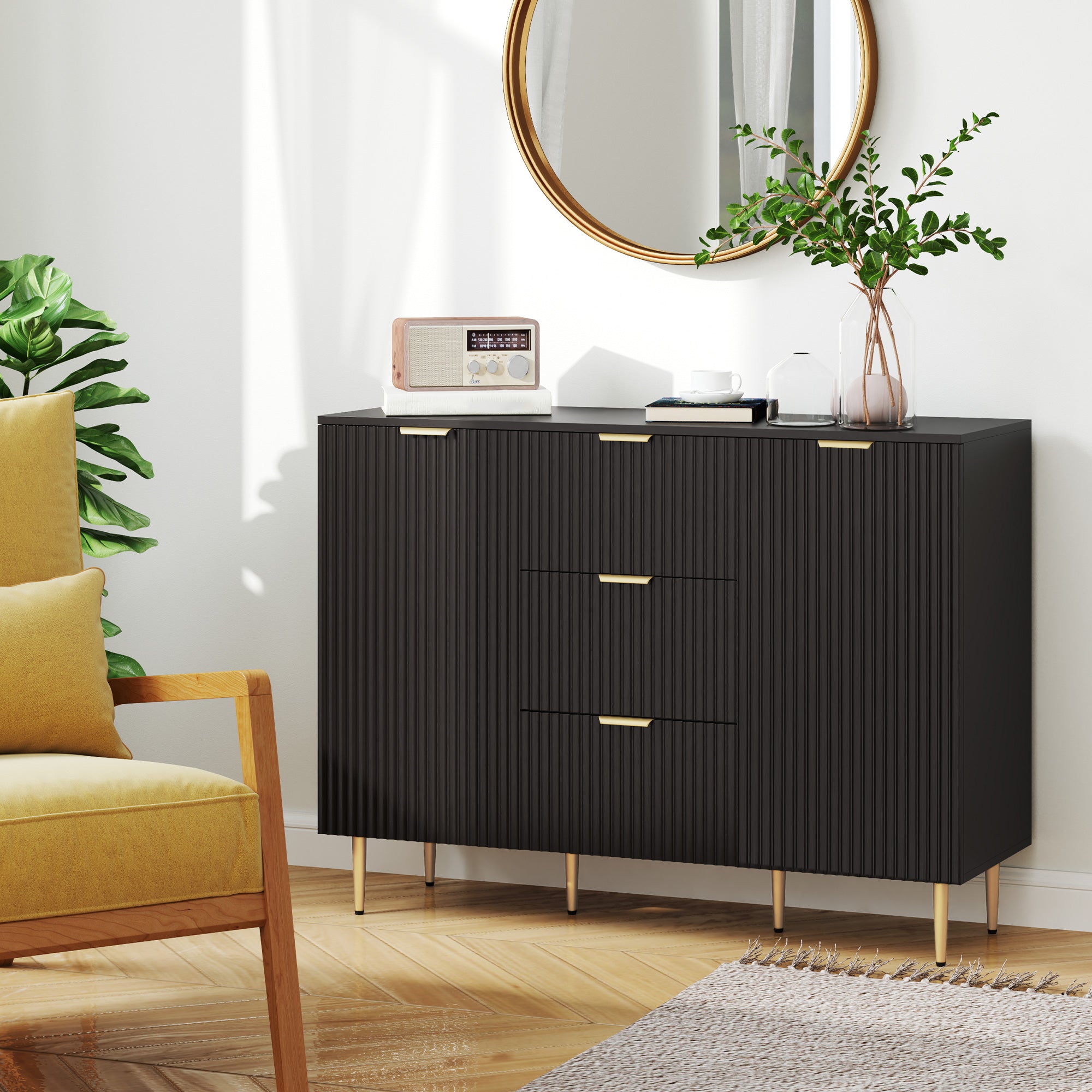 HOMCOM Sideboard Buffet Cabinet, Modern Kitchen Storage Cabinet with 3 Drawers and Adjustable Shelves, Fluted Coffee Bar Cabinet with Metal Legs for Kitchen Hallway, Black
