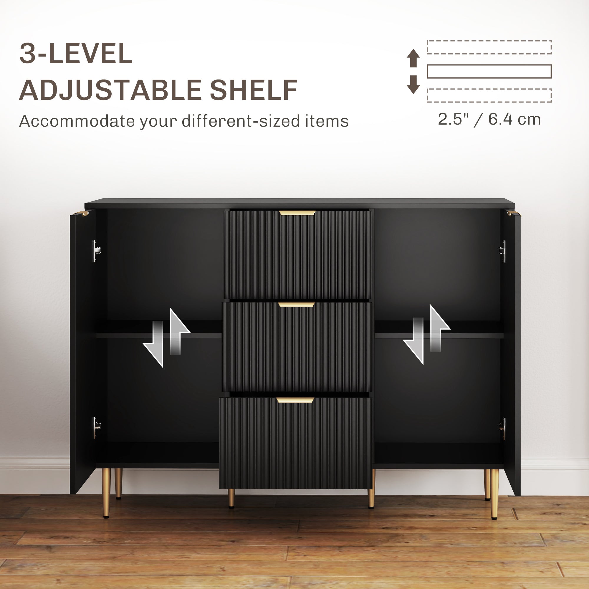 HOMCOM Sideboard Buffet Cabinet, Modern Kitchen Storage Cabinet with 3 Drawers and Adjustable Shelves, Fluted Coffee Bar Cabinet with Metal Legs for Kitchen Hallway, Black
