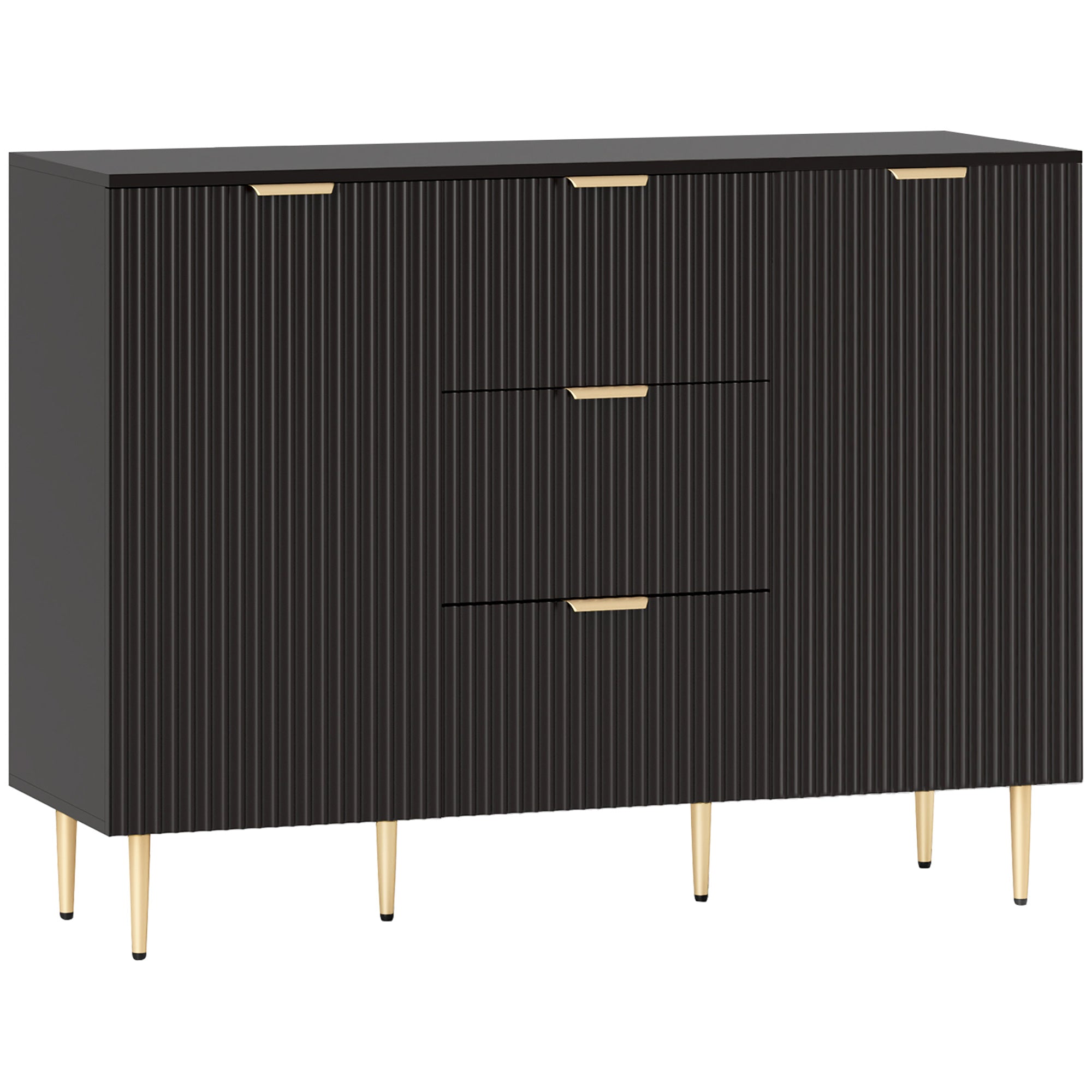 HOMCOM Sideboard Buffet Cabinet, Modern Kitchen Storage Cabinet with 3 Drawers and Adjustable Shelves, Fluted Coffee Bar Cabinet with Metal Legs for Kitchen Hallway, Black