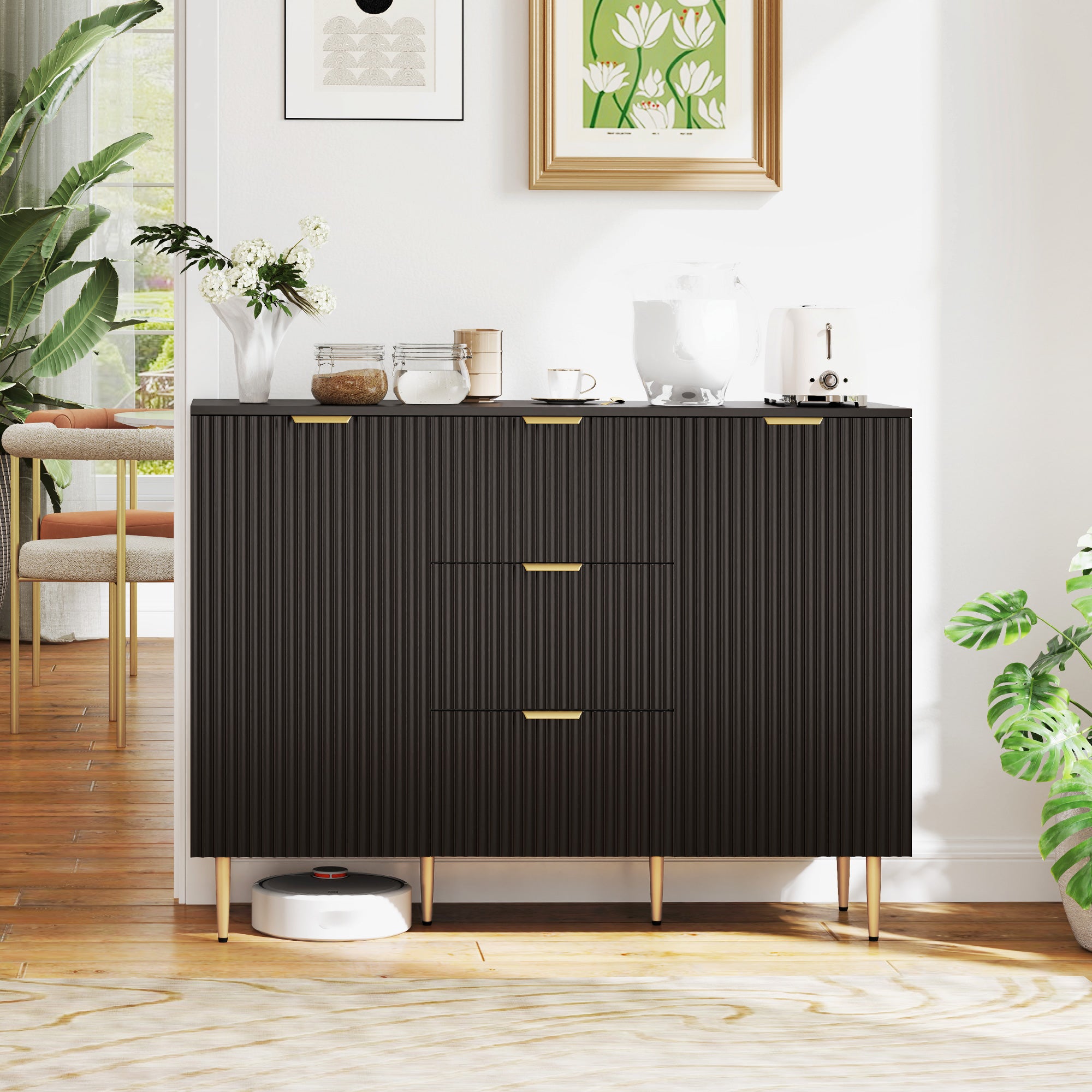 HOMCOM Sideboard Buffet Cabinet, Modern Kitchen Storage Cabinet with 3 Drawers and Adjustable Shelves, Fluted Coffee Bar Cabinet with Metal Legs for Kitchen Hallway, Black