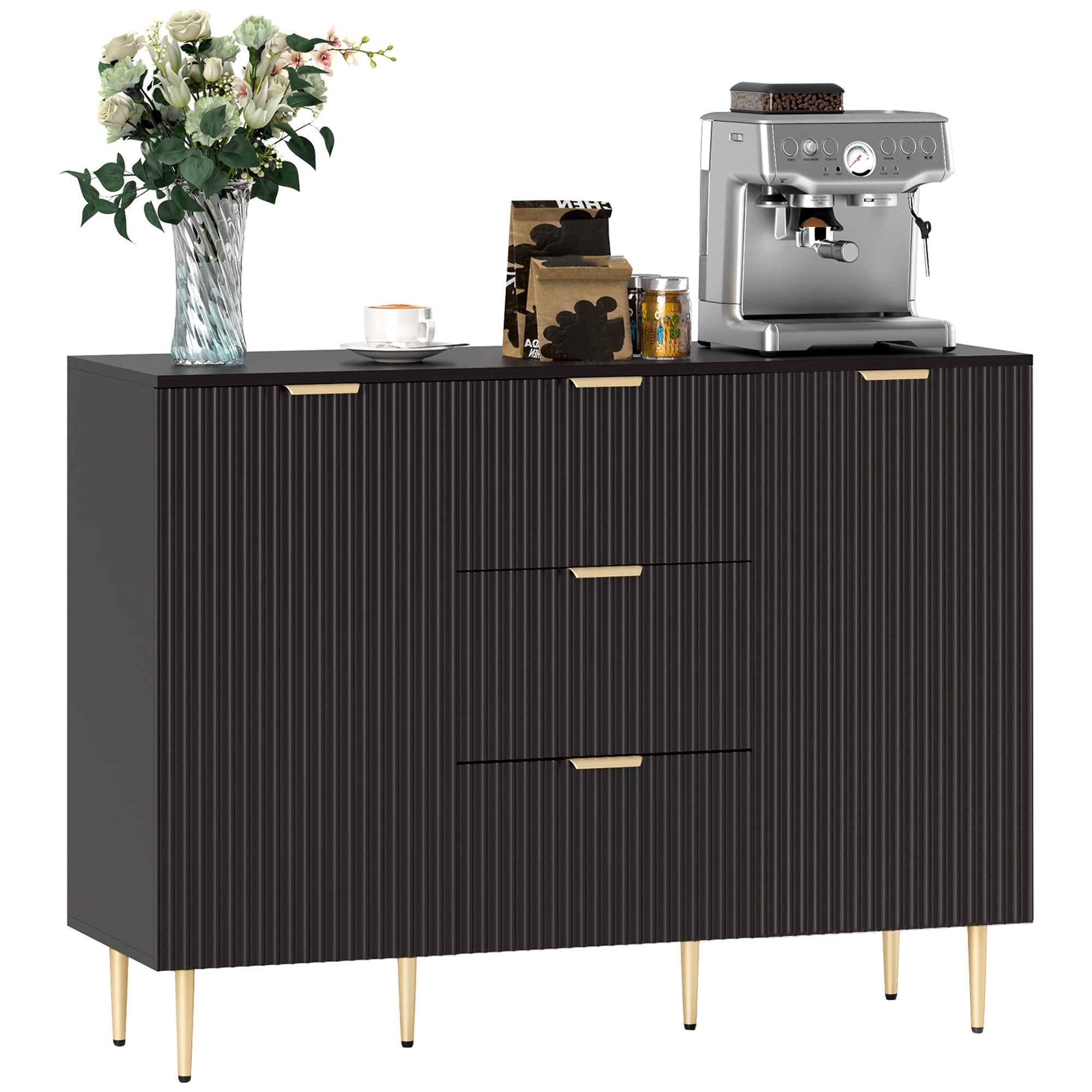HOMCOM Sideboard Buffet Cabinet, Modern Kitchen Storage Cabinet with 3 Drawers and Adjustable Shelves, Fluted Coffee Bar Cabinet with Metal Legs for Kitchen Hallway, Black