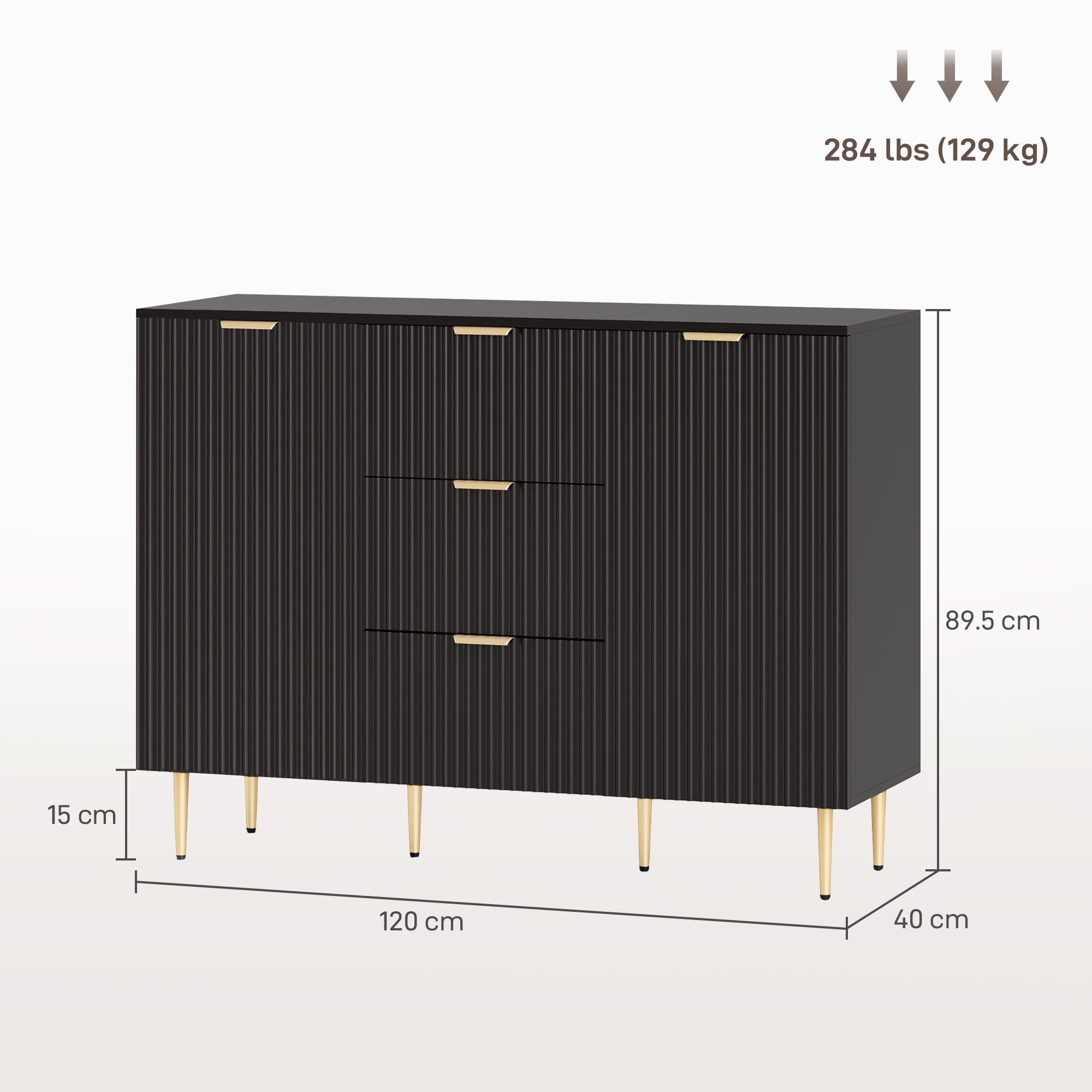 HOMCOM Sideboard Buffet Cabinet, Modern Kitchen Storage Cabinet with 3 Drawers and Adjustable Shelves, Fluted Coffee Bar Cabinet with Metal Legs for Kitchen Hallway, Black