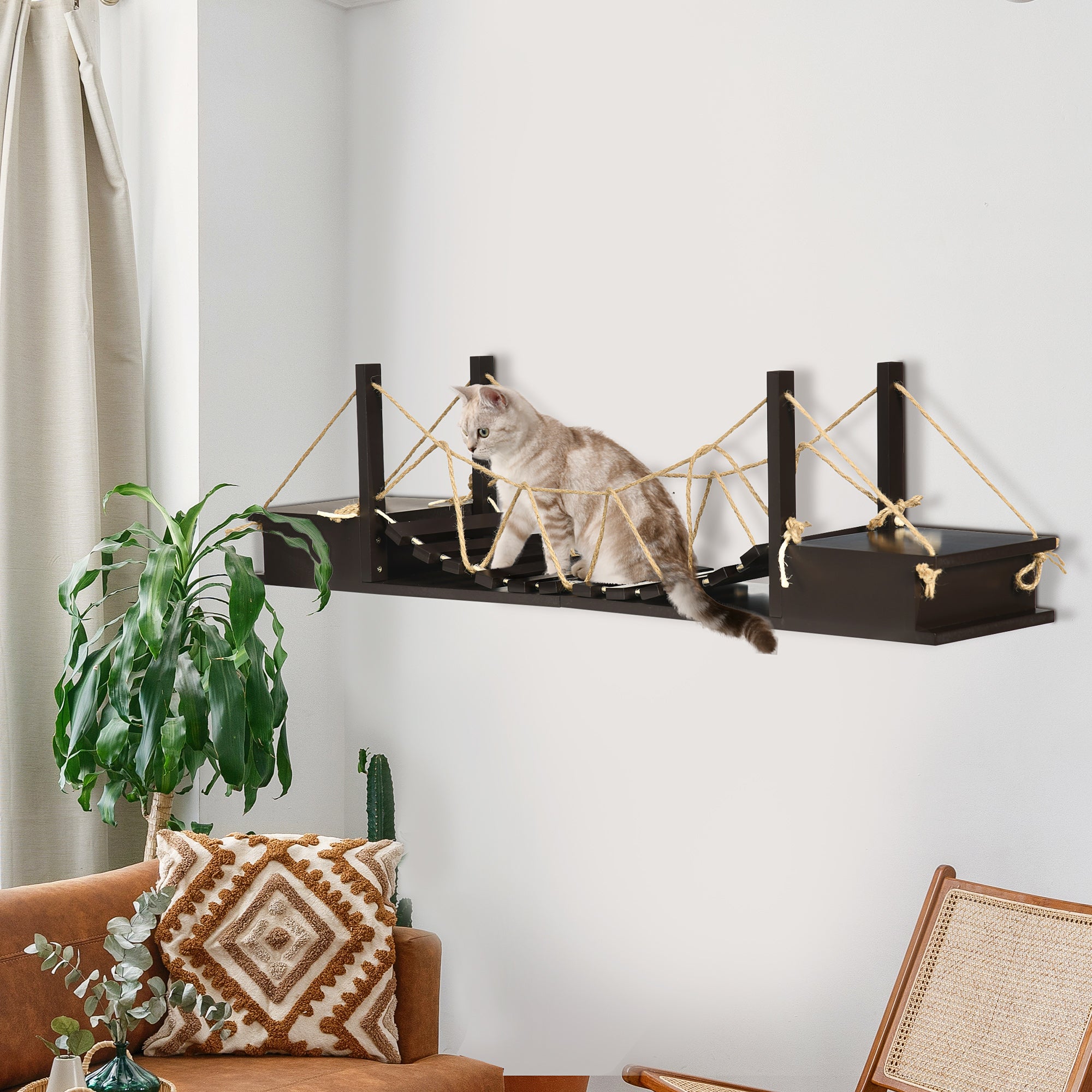 PawHut Wall-Mounted Cat Shelf，37.8" Long Bridge-Shaped Cat Wall Furniture Cat Tree, Kitten Activity Center, Coffee