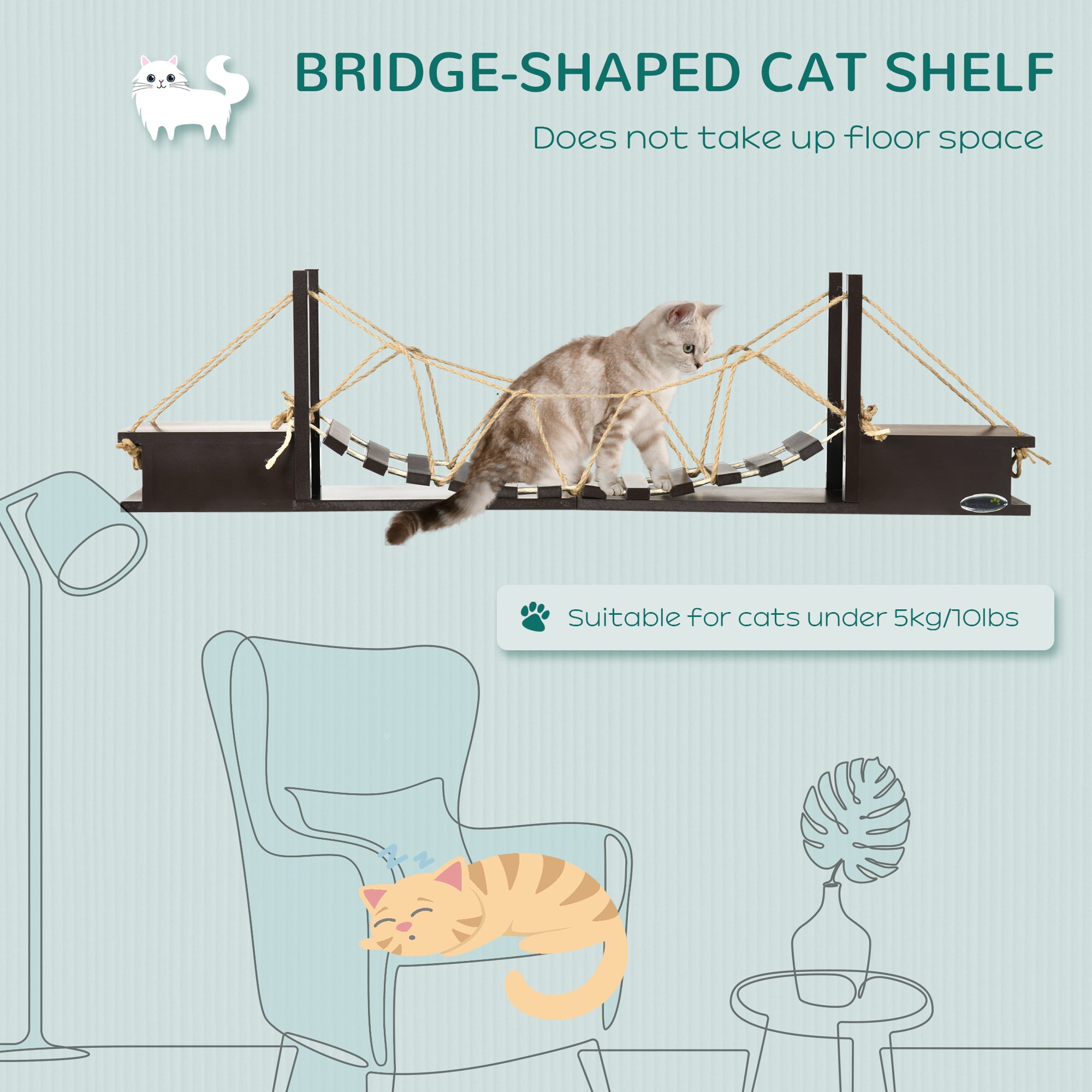 PawHut Wall-Mounted Cat Shelf，37.8" Long Bridge-Shaped Cat Wall Furniture Cat Tree, Kitten Activity Center, Coffee
