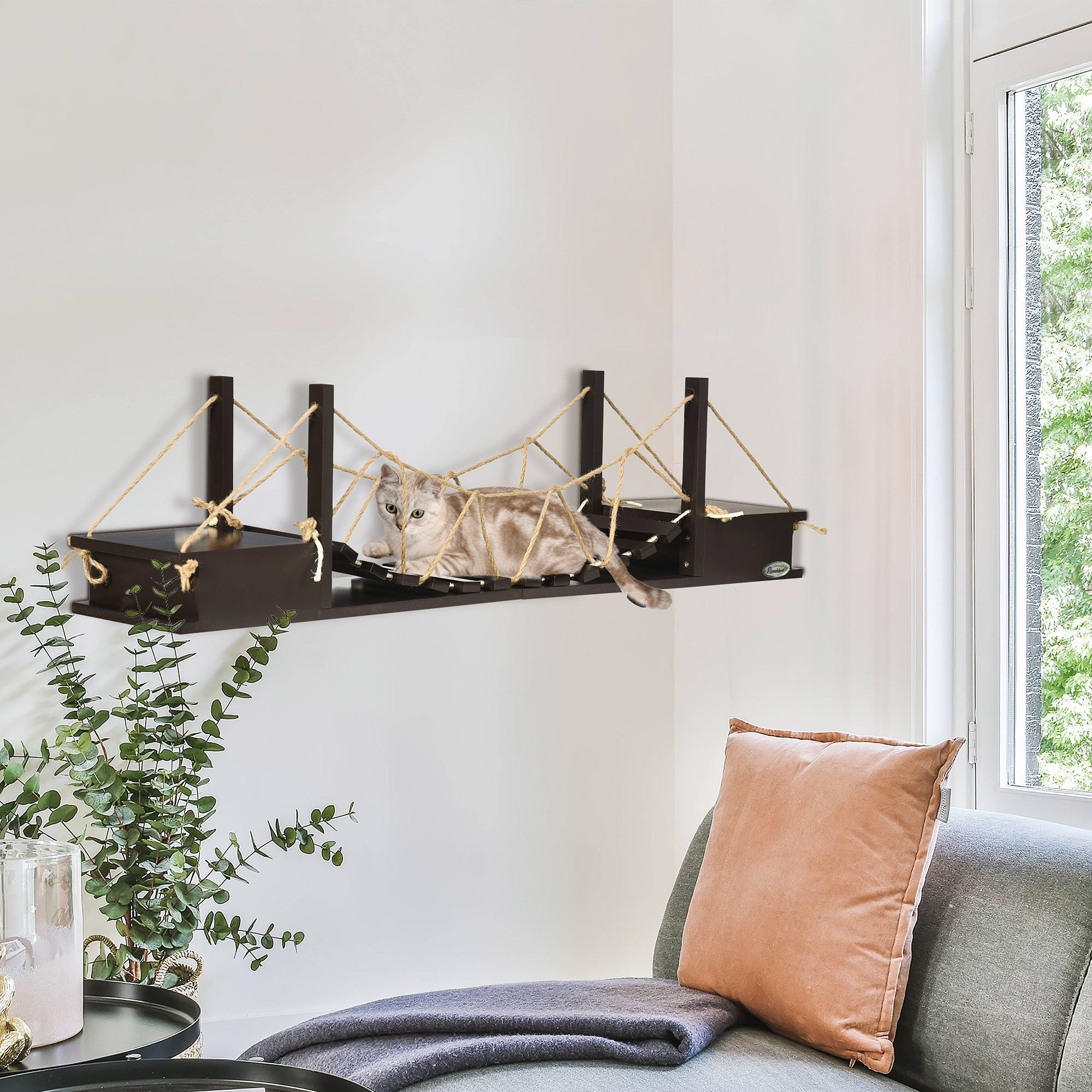 PawHut Wall-Mounted Cat Shelf，37.8" Long Bridge-Shaped Cat Wall Furniture Cat Tree, Kitten Activity Center, Coffee