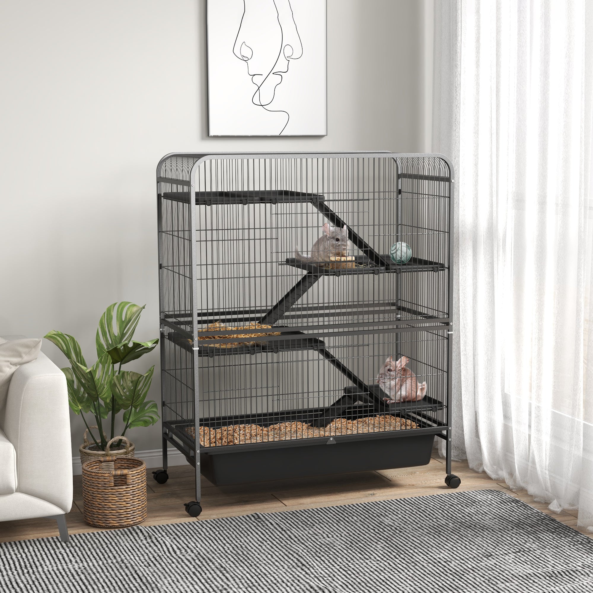 PawHut 53.5" Small Animal Cage, 5-Level Metal Ferret or Bunny Cage with Wheels, Chinchilla Cage with Removable Tray, 2 Front Doors, Ramps, Gray
