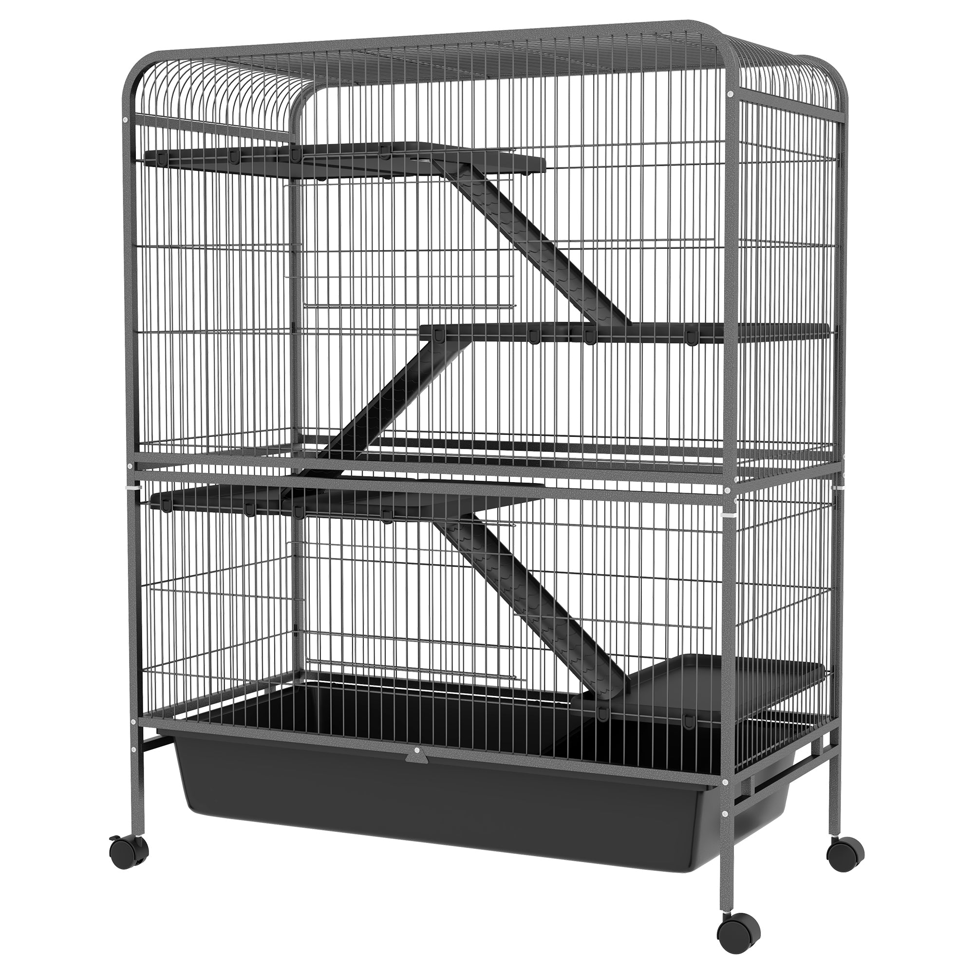 PawHut 53.5" Small Animal Cage, 5-Level Metal Ferret or Bunny Cage with Wheels, Chinchilla Cage with Removable Tray, 2 Front Doors, Ramps, Gray