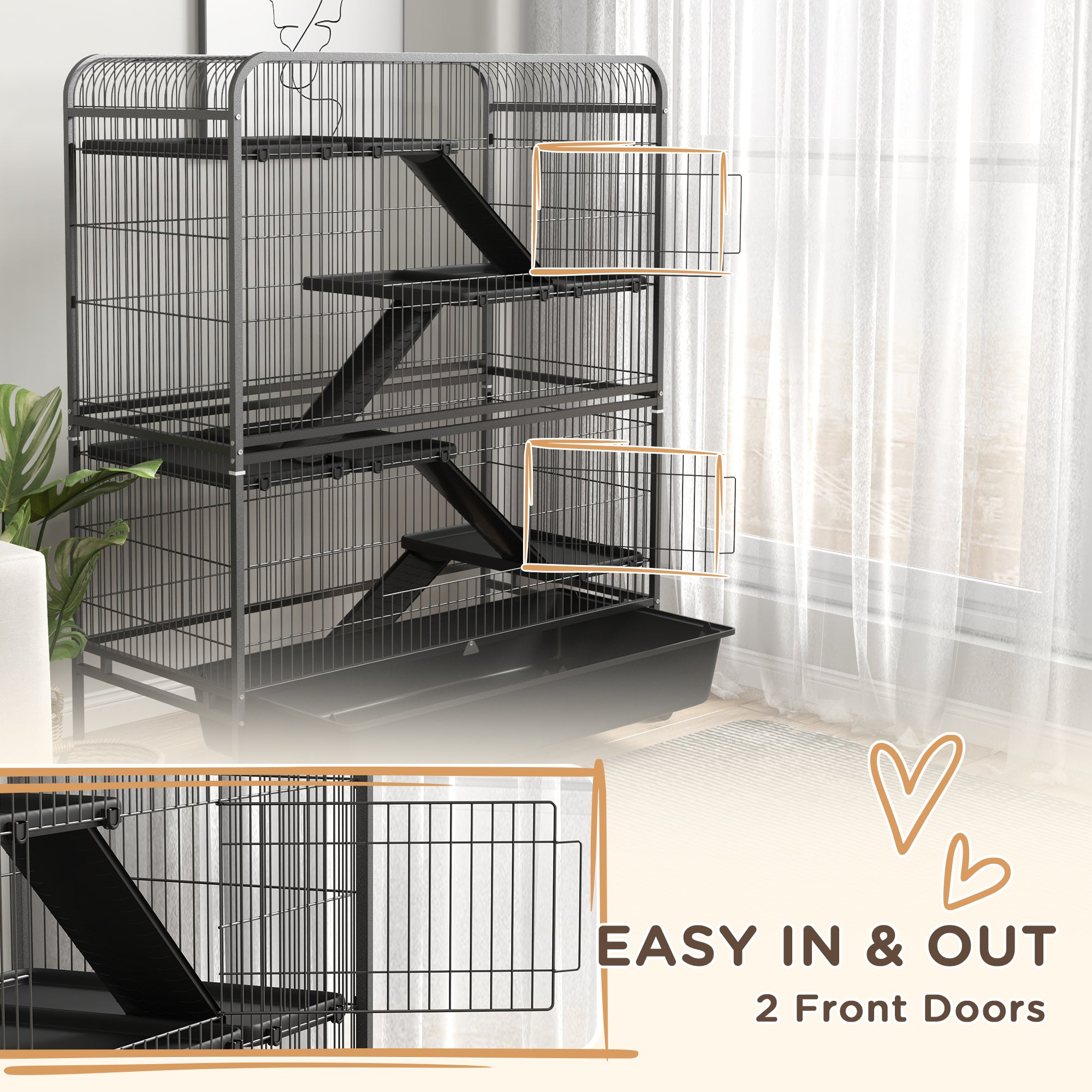 PawHut 53.5" Small Animal Cage, 5-Level Metal Ferret or Bunny Cage with Wheels, Chinchilla Cage with Removable Tray, 2 Front Doors, Ramps, Gray