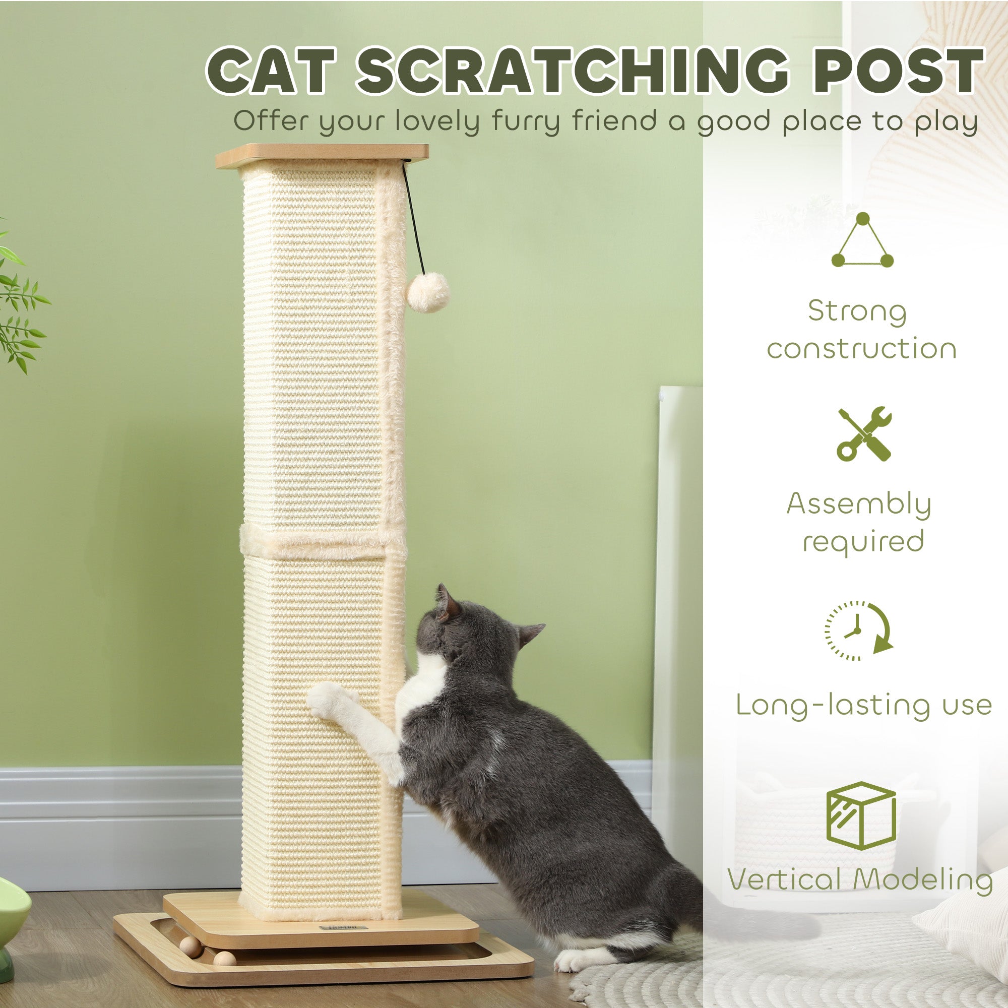 PawHut Cat Scratching Post, 87cm Cat Scratcher with Sisal Scratching Post, Track Ball Toy, Hanging Ball, 3 in 1 Cat Scratcher Post for Indoor Kittens