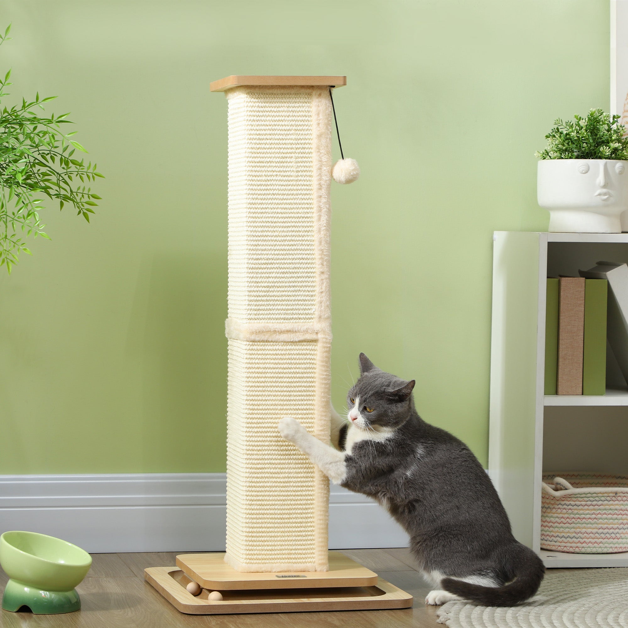 PawHut Cat Scratching Post, 87cm Cat Scratcher with Sisal Scratching Post, Track Ball Toy, Hanging Ball, 3 in 1 Cat Scratcher Post for Indoor Kittens