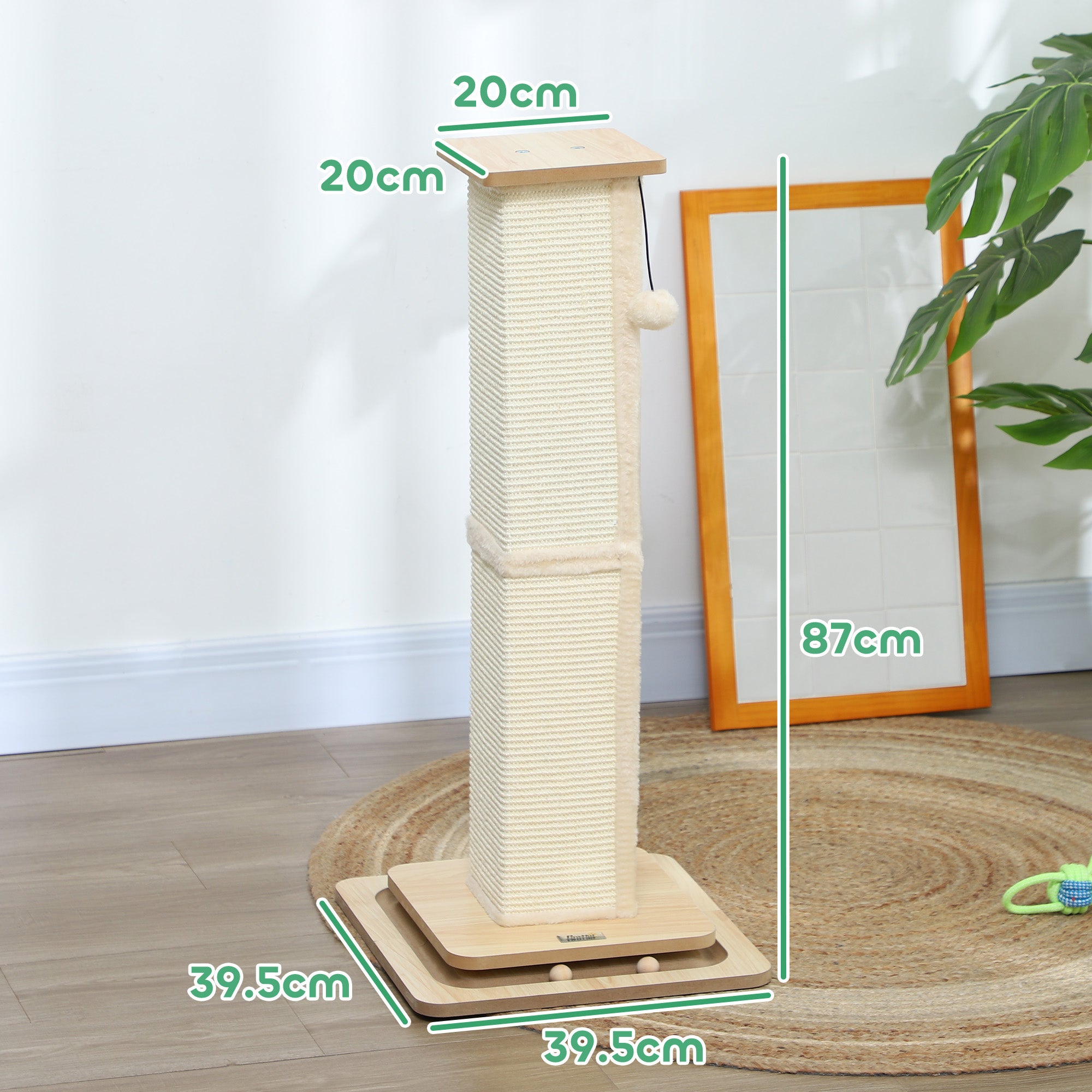 PawHut Cat Scratching Post, 87cm Cat Scratcher with Sisal Scratching Post, Track Ball Toy, Hanging Ball, 3 in 1 Cat Scratcher Post for Indoor Kittens