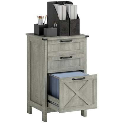 HOMCOM 3 Drawer File Cabinet with Silent Slides, Vertical Filing Cabinet for Hanging A4/Letter Size, Rustic Farmhouse Printer Stand with Storage for Home Office, Stone Grey