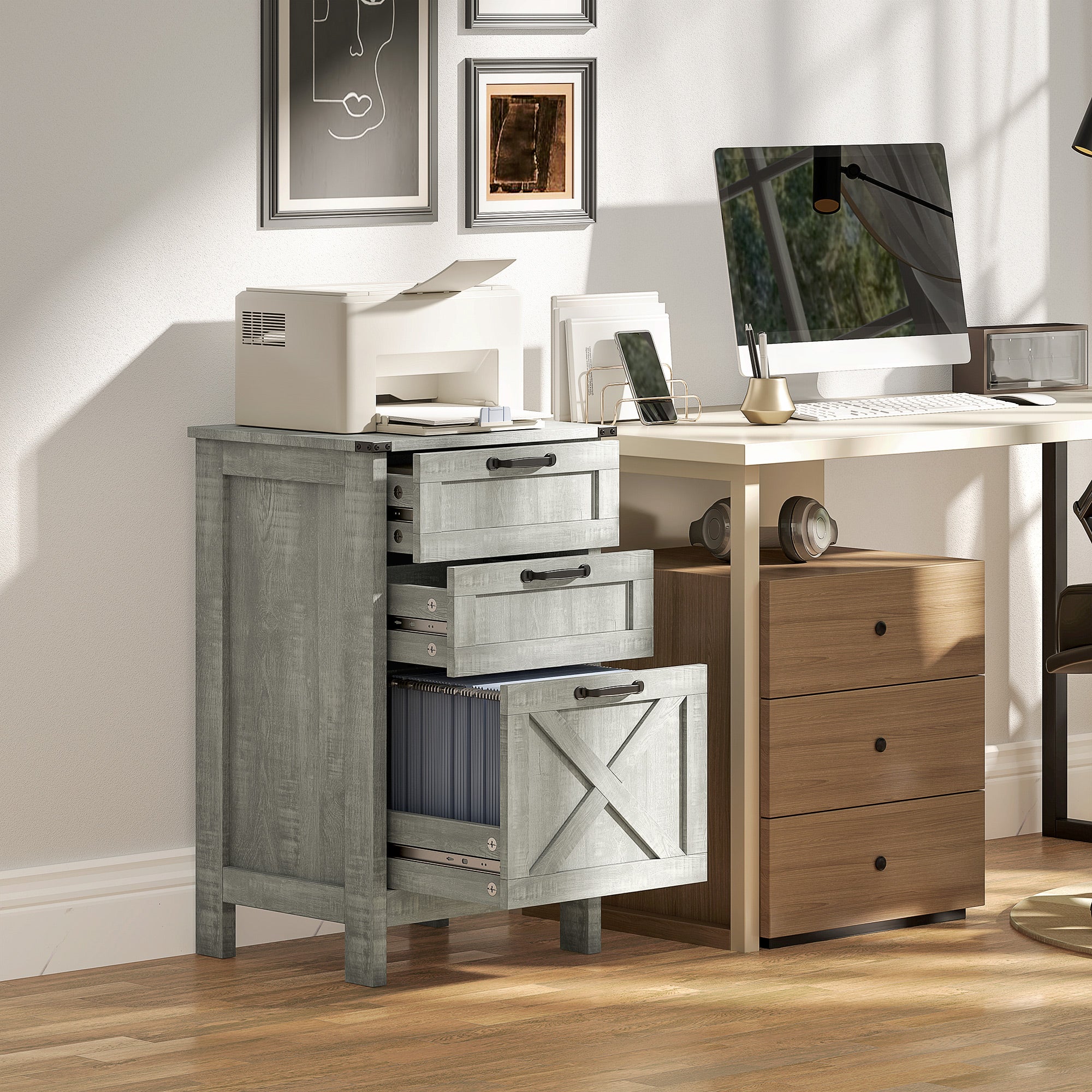 HOMCOM 3 Drawer File Cabinet with Silent Slides, Vertical Filing Cabinet for Hanging A4/Letter Size, Rustic Farmhouse Printer Stand with Storage for Home Office, Stone Grey