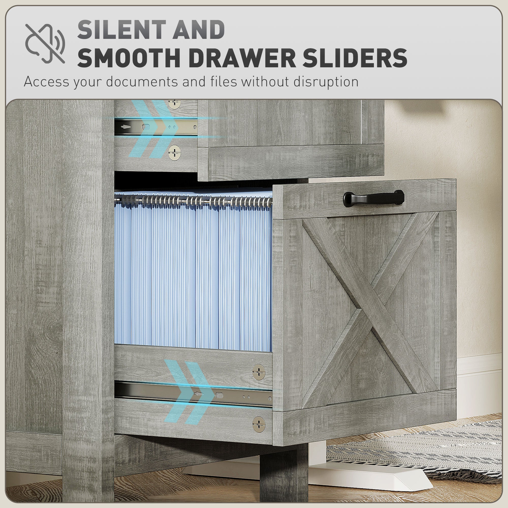 HOMCOM 3 Drawer File Cabinet with Silent Slides, Vertical Filing Cabinet for Hanging A4/Letter Size, Rustic Farmhouse Printer Stand with Storage for Home Office, Stone Grey