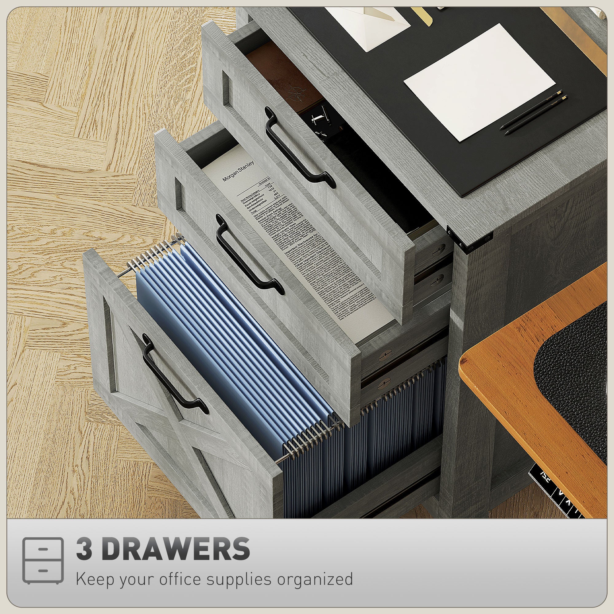 HOMCOM 3 Drawer File Cabinet with Silent Slides, Vertical Filing Cabinet for Hanging A4/Letter Size, Rustic Farmhouse Printer Stand with Storage for Home Office, Stone Grey