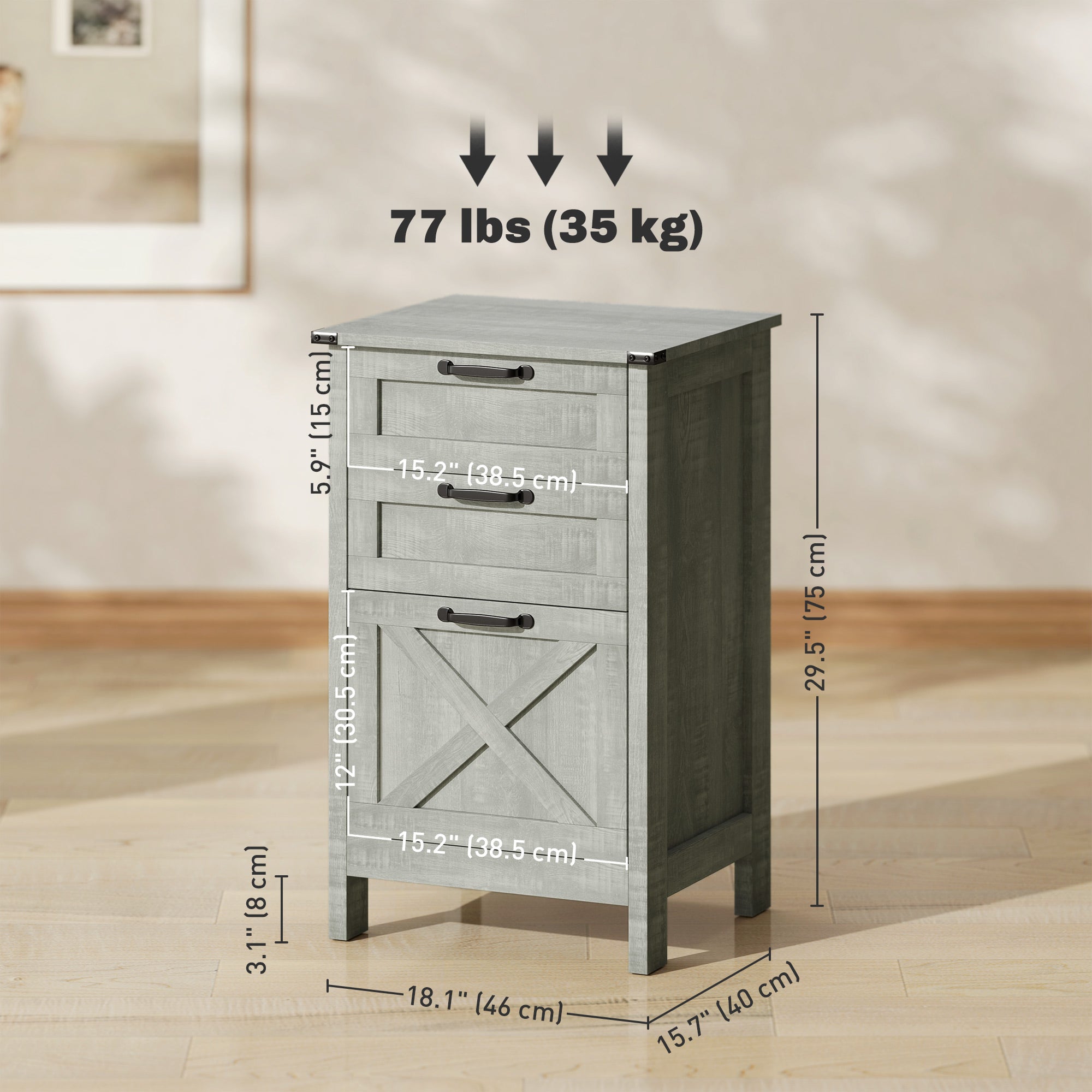 HOMCOM 3 Drawer File Cabinet with Silent Slides, Vertical Filing Cabinet for Hanging A4/Letter Size, Rustic Farmhouse Printer Stand with Storage for Home Office, Stone Grey