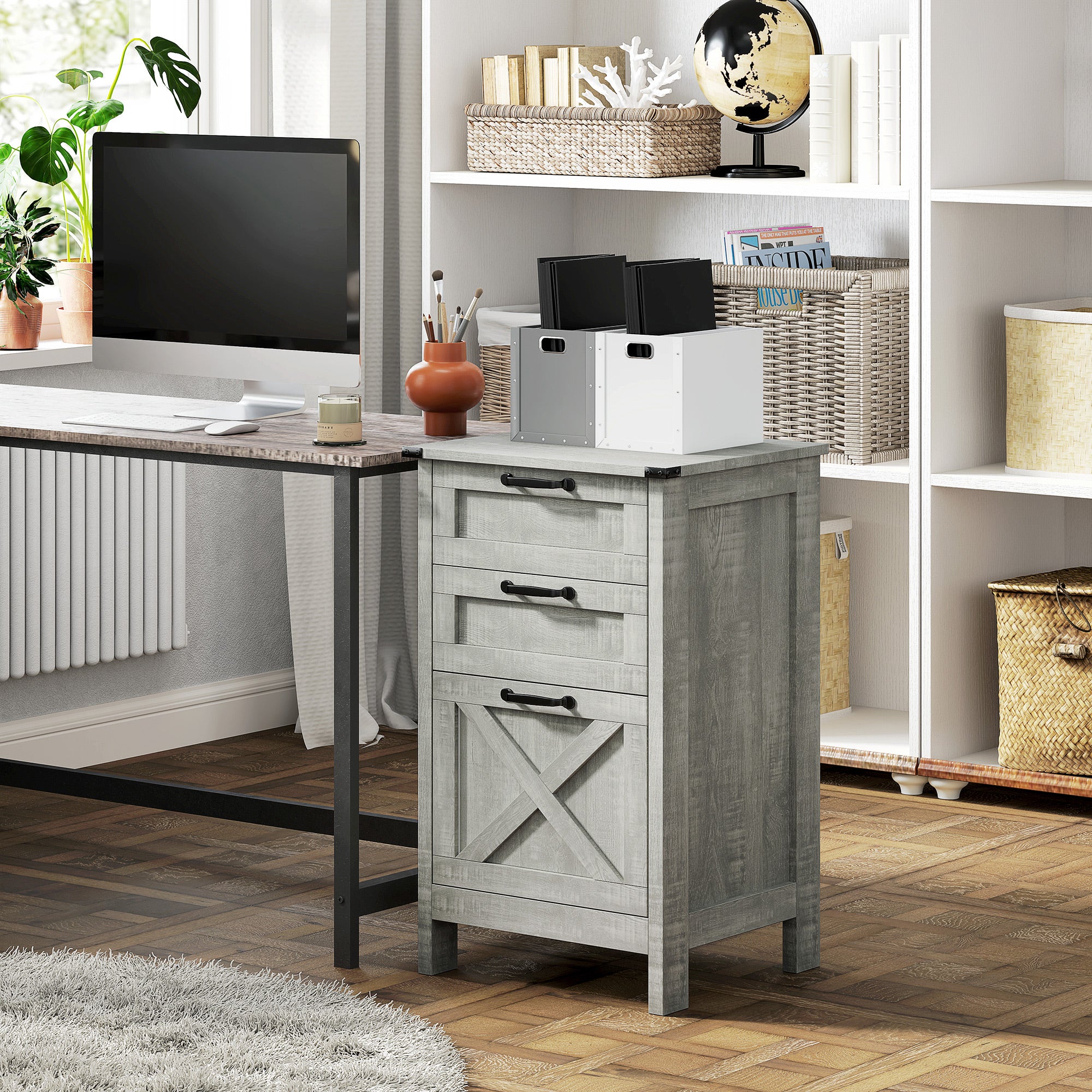 HOMCOM 3 Drawer File Cabinet with Silent Slides, Vertical Filing Cabinet for Hanging A4/Letter Size, Rustic Farmhouse Printer Stand with Storage for Home Office, Stone Grey