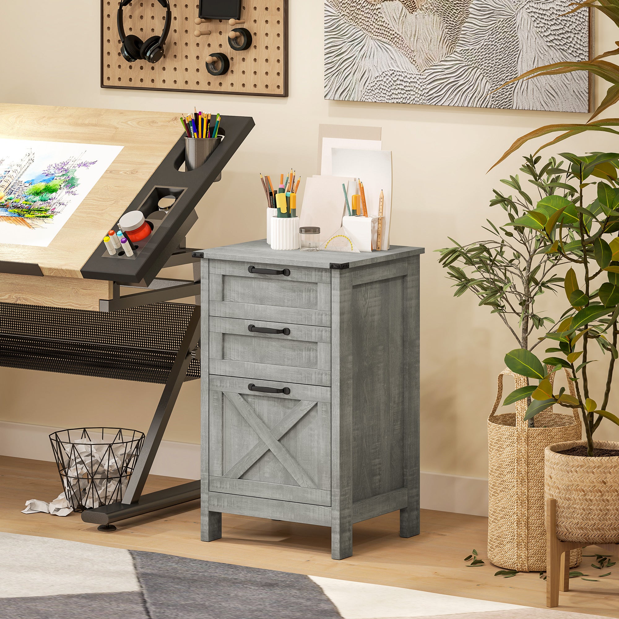 HOMCOM 3 Drawer File Cabinet with Silent Slides, Vertical Filing Cabinet for Hanging A4/Letter Size, Rustic Farmhouse Printer Stand with Storage for Home Office, Stone Grey