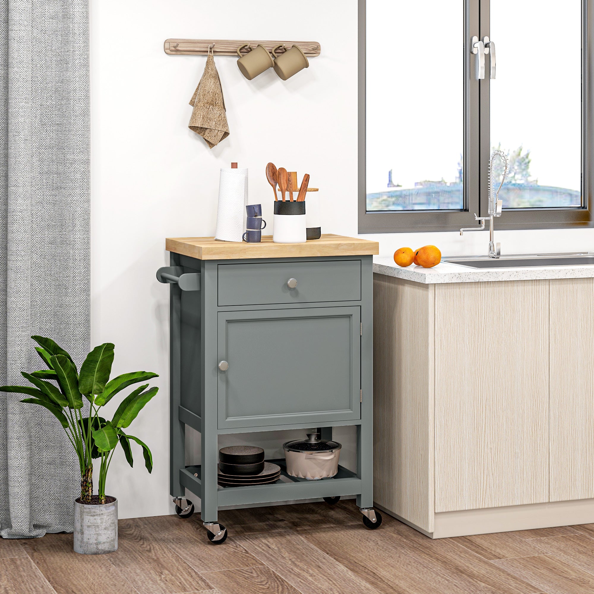 HOMCOM Rolling Kitchen Island Cart with Wood Top, Butcher Block Kitchen Cart on Wheels with Drawer, Storage Cabinet and Towel Rack, Grey