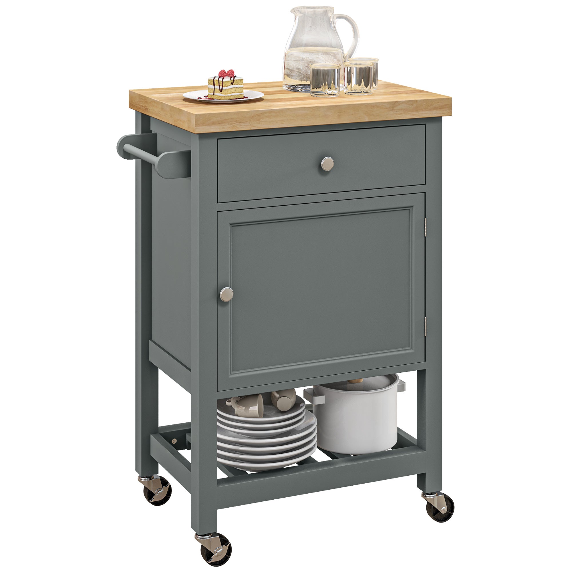 HOMCOM Rolling Kitchen Island Cart with Wood Top, Butcher Block Kitchen Cart on Wheels with Drawer, Storage Cabinet and Towel Rack, Grey