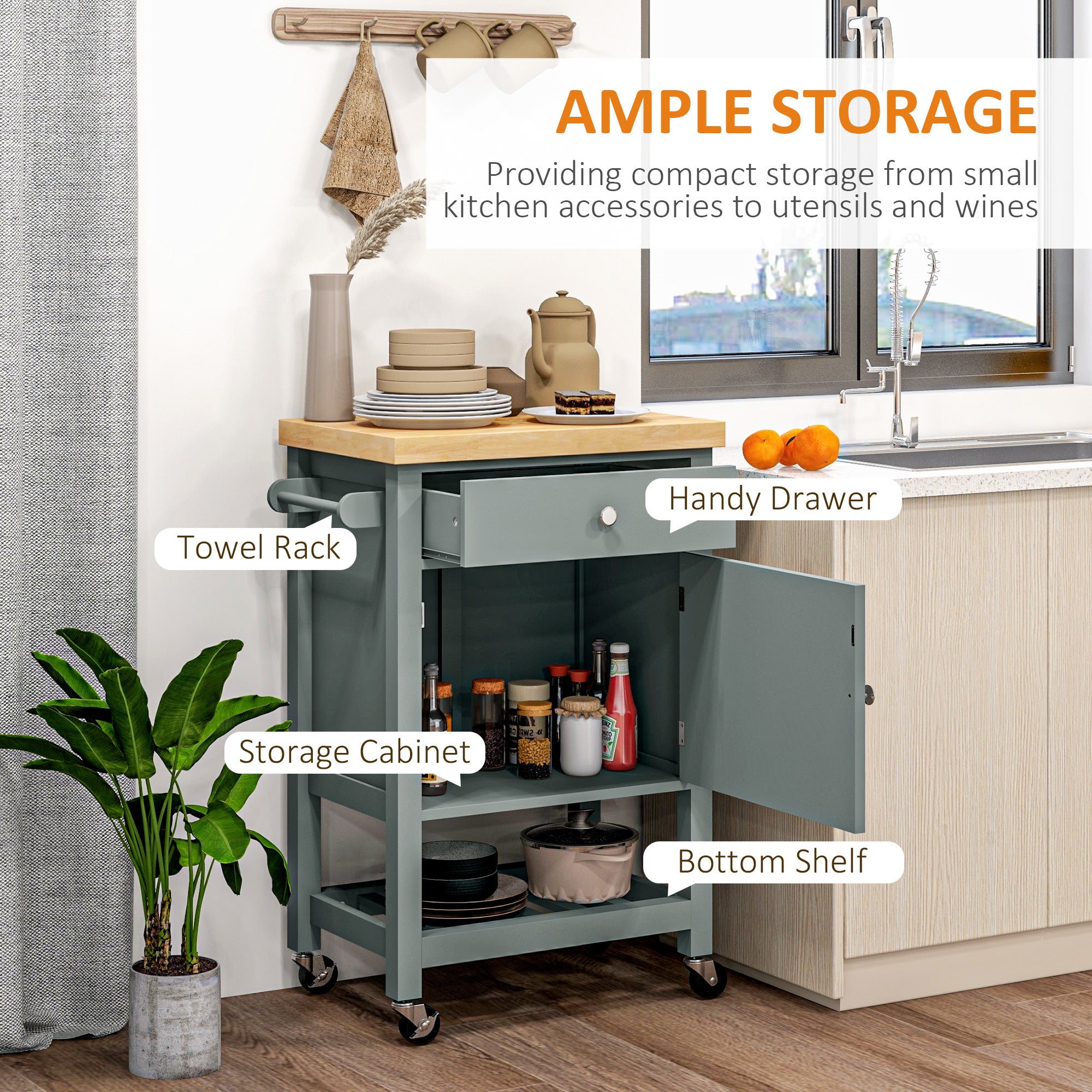 HOMCOM Rolling Kitchen Island Cart with Wood Top, Butcher Block Kitchen Cart on Wheels with Drawer, Storage Cabinet and Towel Rack, Grey
