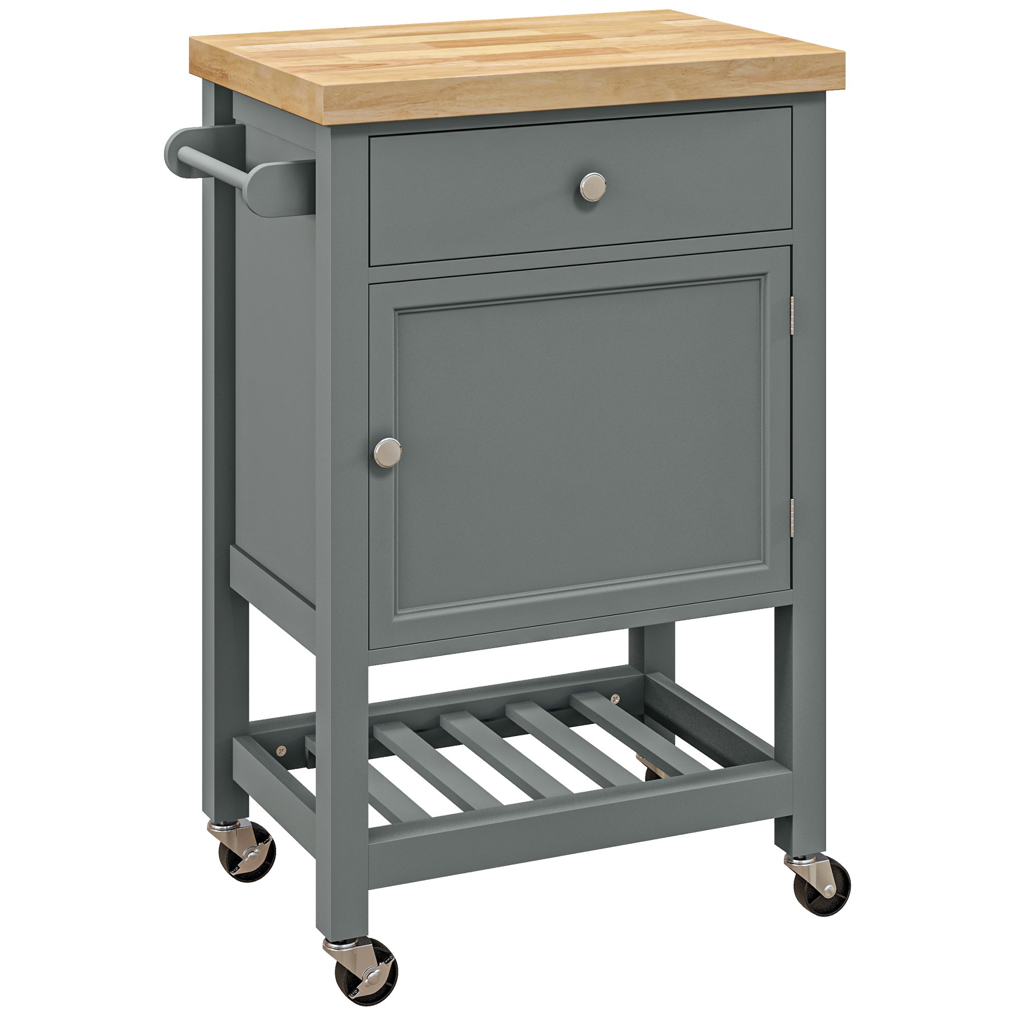 HOMCOM Rolling Kitchen Island Cart with Wood Top, Butcher Block Kitchen Cart on Wheels with Drawer, Storage Cabinet and Towel Rack, Grey
