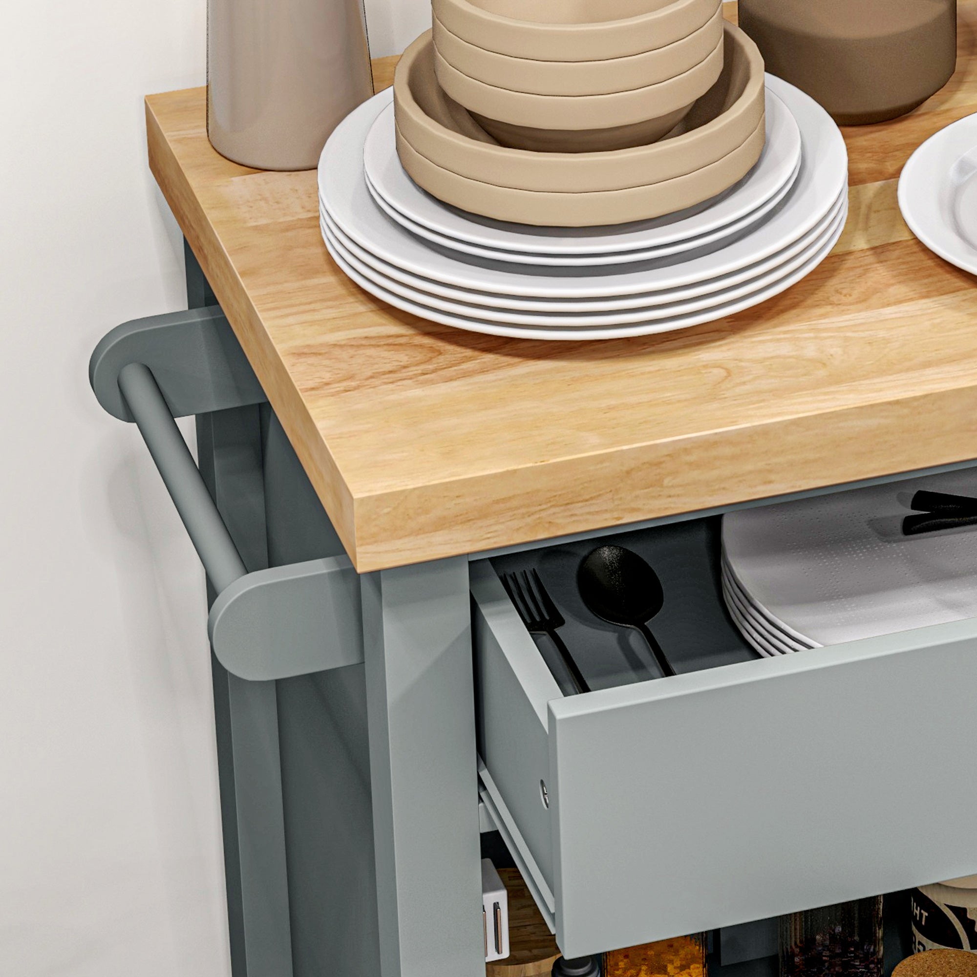 HOMCOM Rolling Kitchen Island Cart with Wood Top, Butcher Block Kitchen Cart on Wheels with Drawer, Storage Cabinet and Towel Rack, Grey