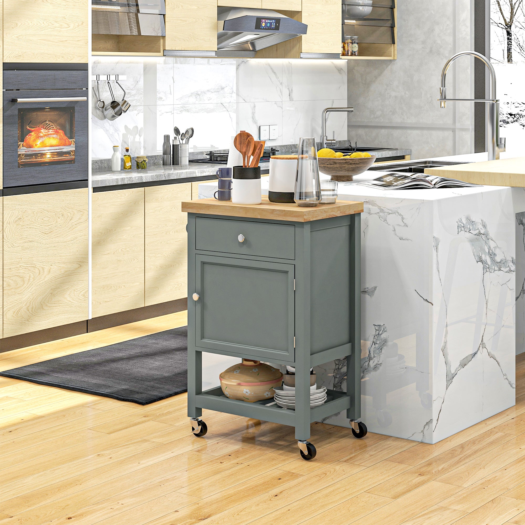 HOMCOM Rolling Kitchen Island Cart with Wood Top, Butcher Block Kitchen Cart on Wheels with Drawer, Storage Cabinet and Towel Rack, Grey