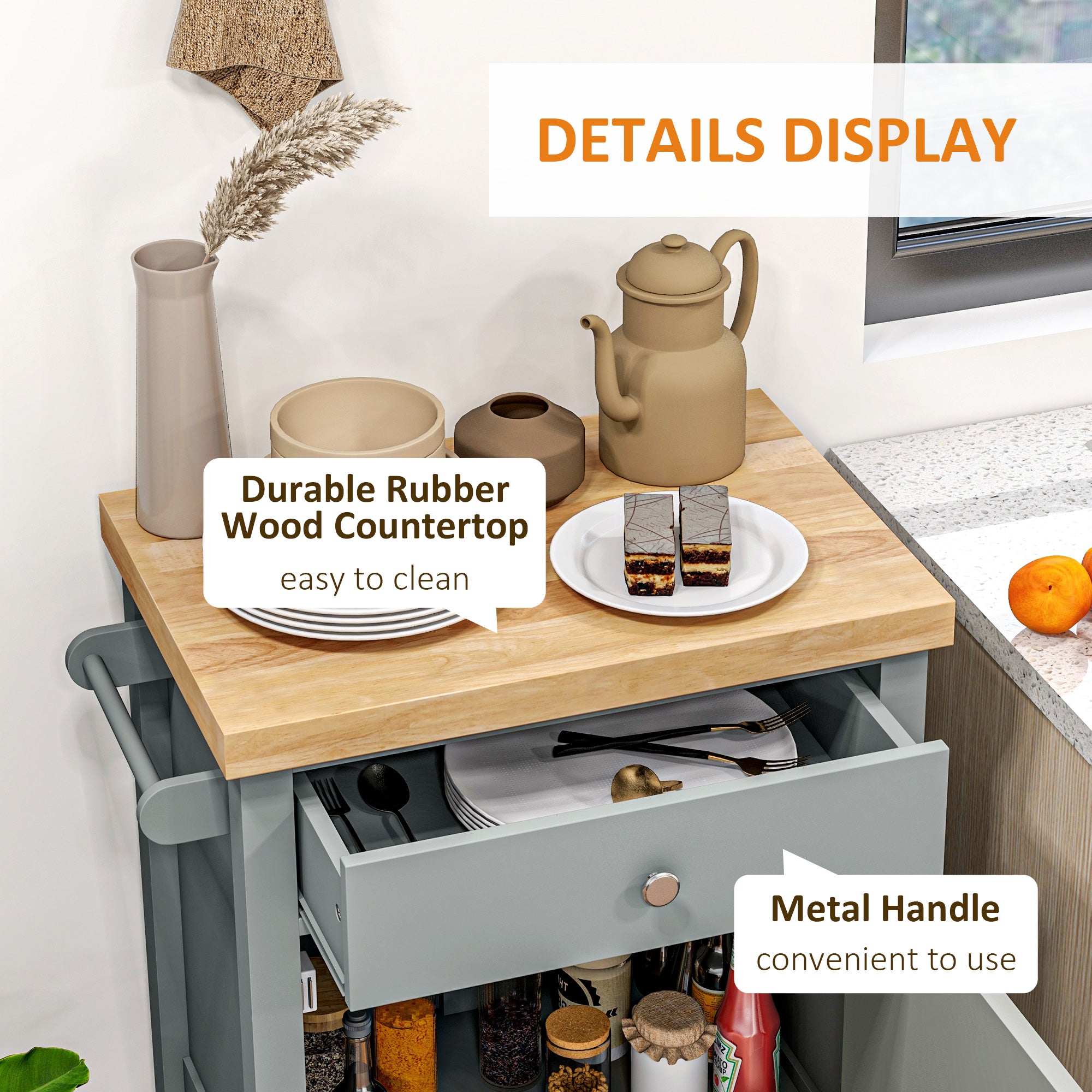 HOMCOM Rolling Kitchen Island Cart with Wood Top, Butcher Block Kitchen Cart on Wheels with Drawer, Storage Cabinet and Towel Rack, Grey