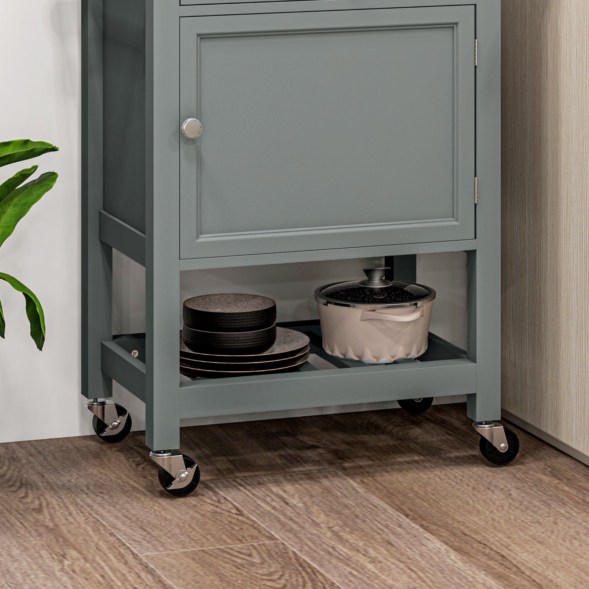 HOMCOM Rolling Kitchen Island Cart with Wood Top, Butcher Block Kitchen Cart on Wheels with Drawer, Storage Cabinet and Towel Rack, Grey