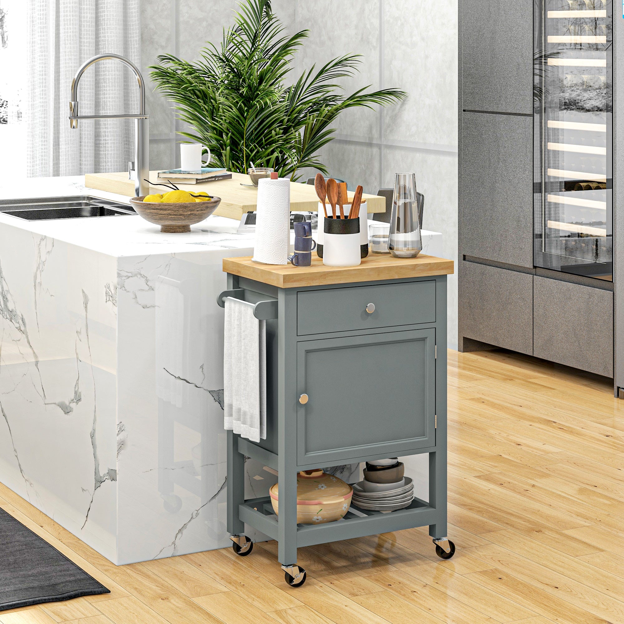 HOMCOM Rolling Kitchen Island Cart with Wood Top, Butcher Block Kitchen Cart on Wheels with Drawer, Storage Cabinet and Towel Rack, Grey