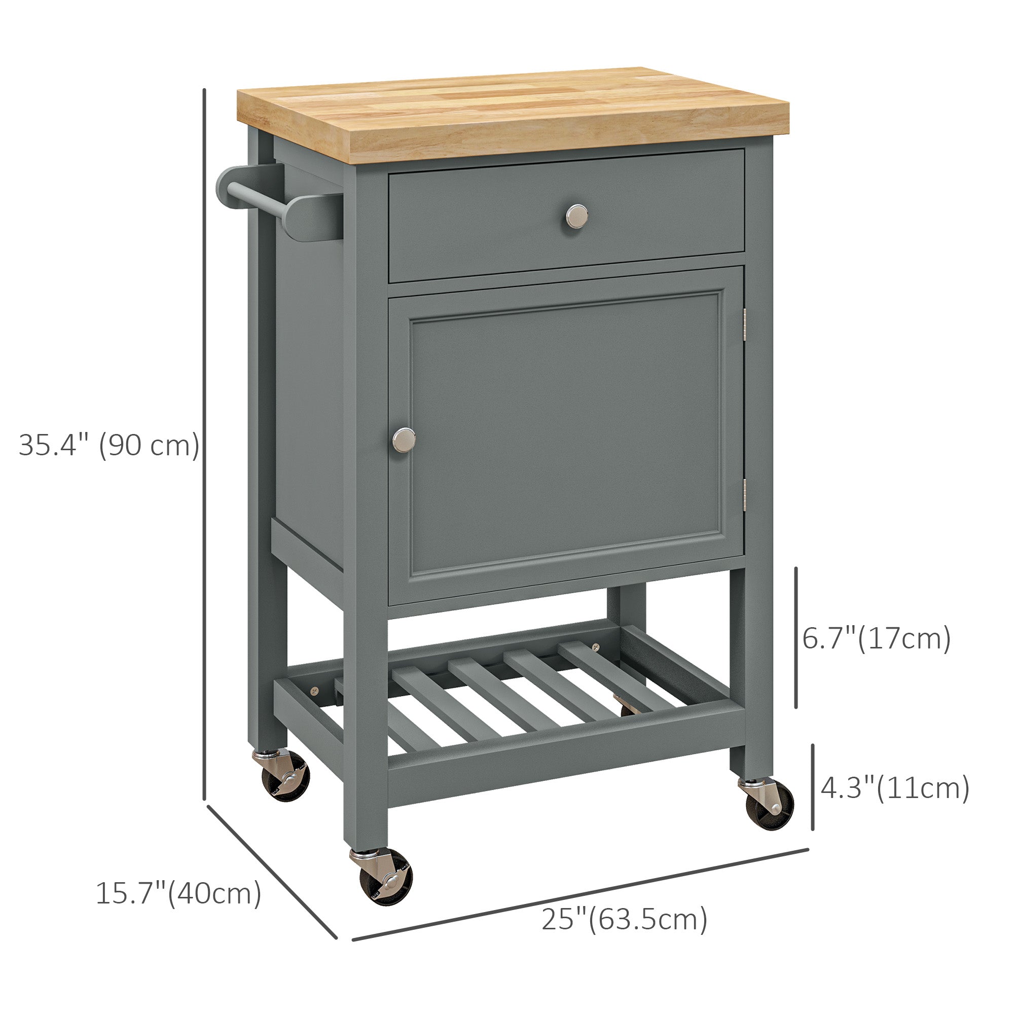 HOMCOM Rolling Kitchen Island Cart with Wood Top, Butcher Block Kitchen Cart on Wheels with Drawer, Storage Cabinet and Towel Rack, Grey
