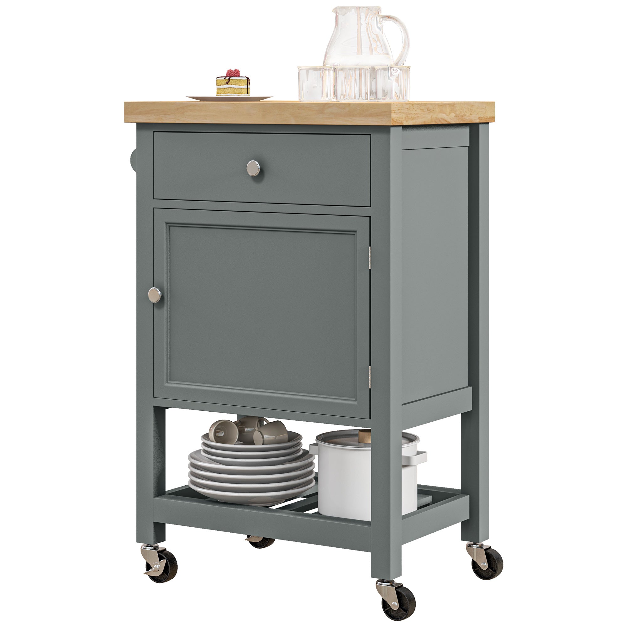 HOMCOM Rolling Kitchen Island Cart with Wood Top, Butcher Block Kitchen Cart on Wheels with Drawer, Storage Cabinet and Towel Rack, Grey