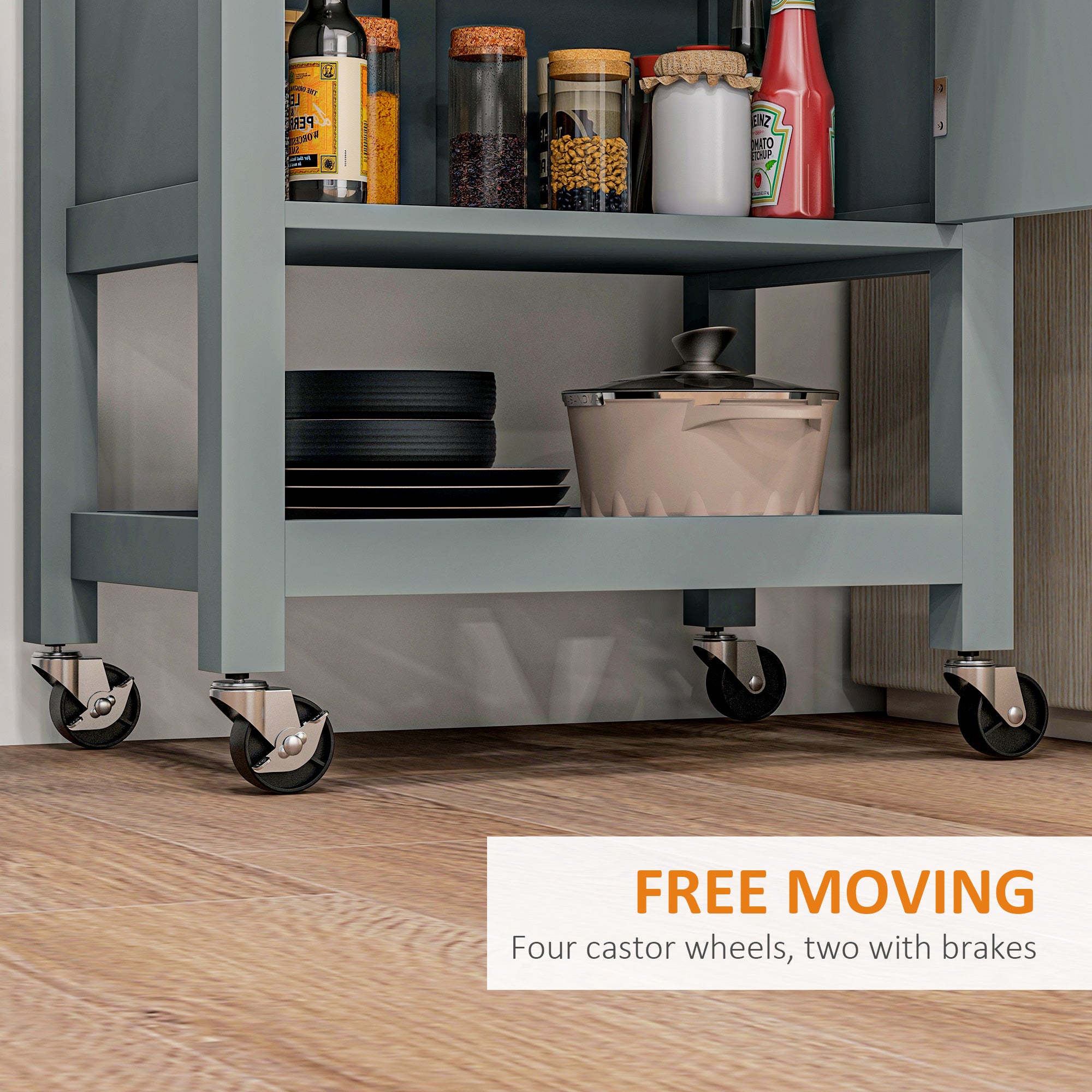 HOMCOM Rolling Kitchen Island Cart with Wood Top, Butcher Block Kitchen Cart on Wheels with Drawer, Storage Cabinet and Towel Rack, Grey