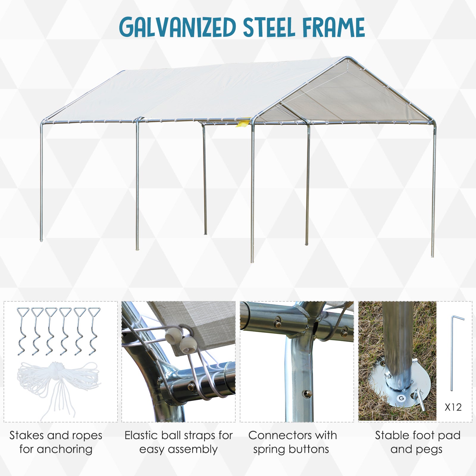 Outsunny 10' x 20' Carport Heavy Duty Galvanized Car Canopy with Included Anchor Kit, 3 Reinforced Steel Cables, White