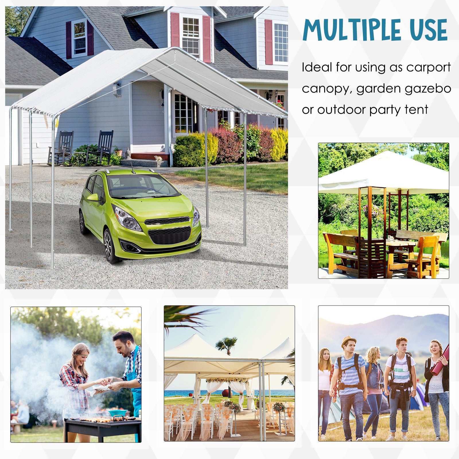 Outsunny 10' x 20' Carport Heavy Duty Galvanized Car Canopy with Included Anchor Kit, 3 Reinforced Steel Cables, White