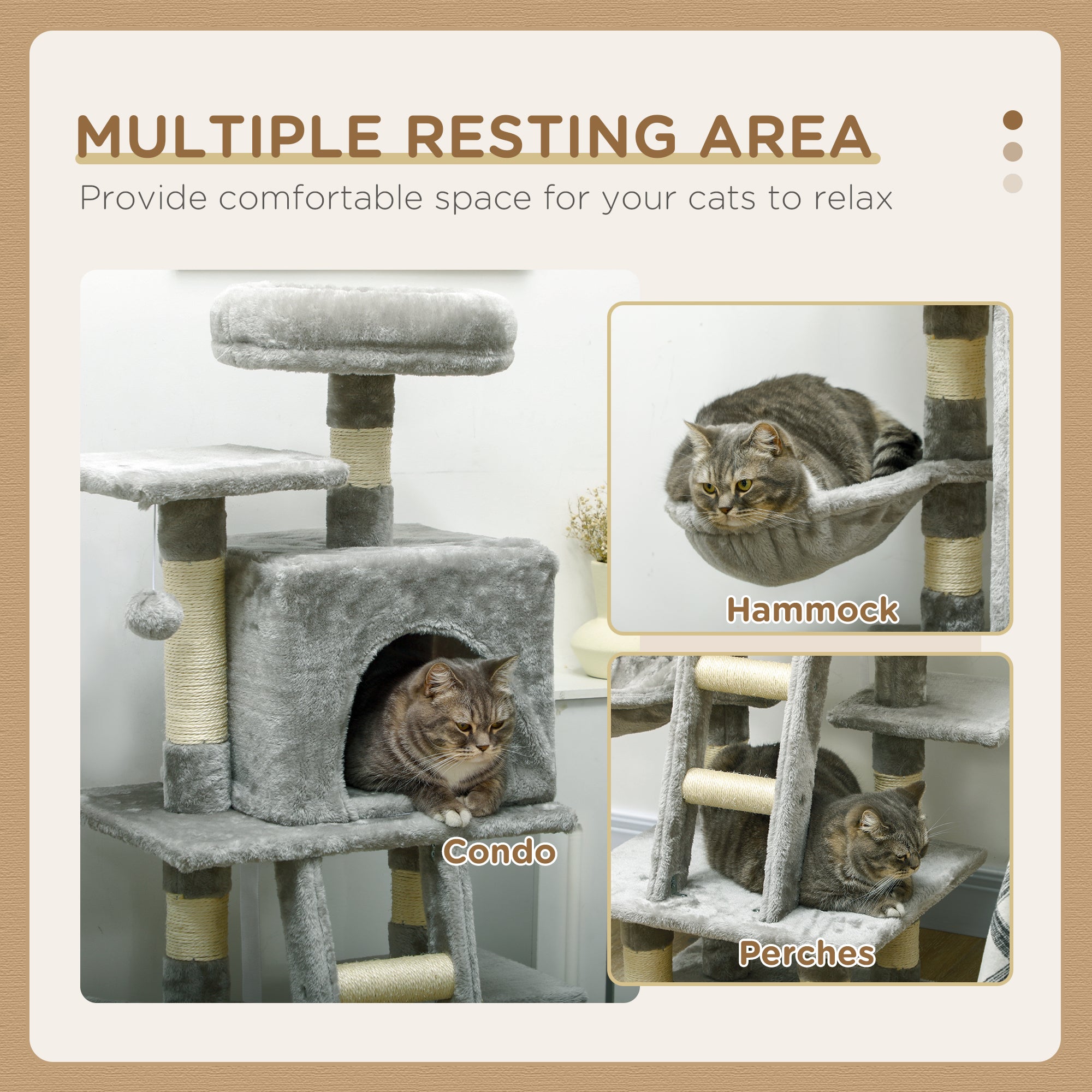 PawHut Cat Tree, Cat Tower for Indoor Cats with Sisal Scratching Post, Cat Condo, Hammock, Bed, Ladder, Platforms, Toy Balls for Kittens, Light Grey