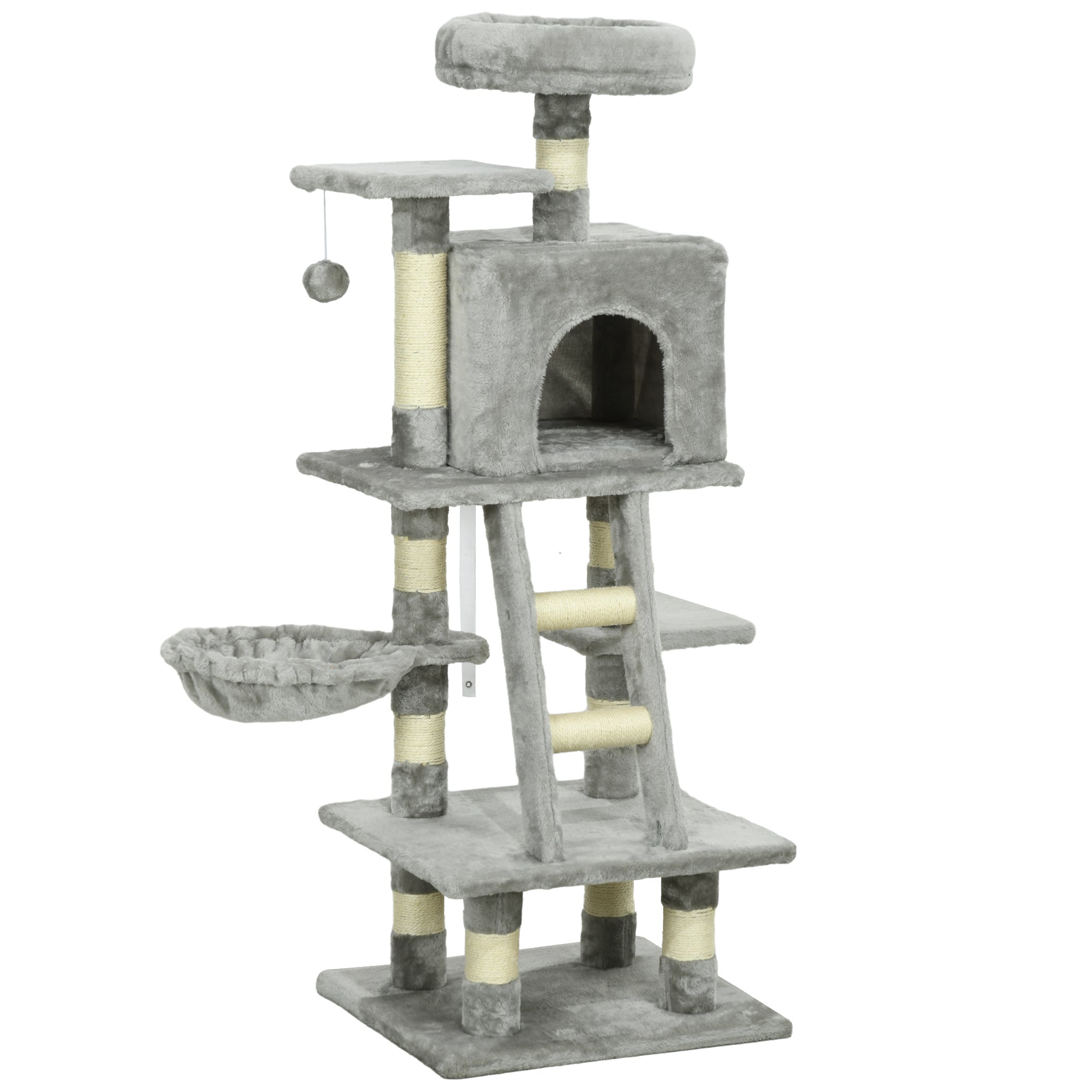 PawHut Cat Tree, Cat Tower for Indoor Cats with Sisal Scratching Post, Cat Condo, Hammock, Bed, Ladder, Platforms, Toy Balls for Kittens, Light Grey