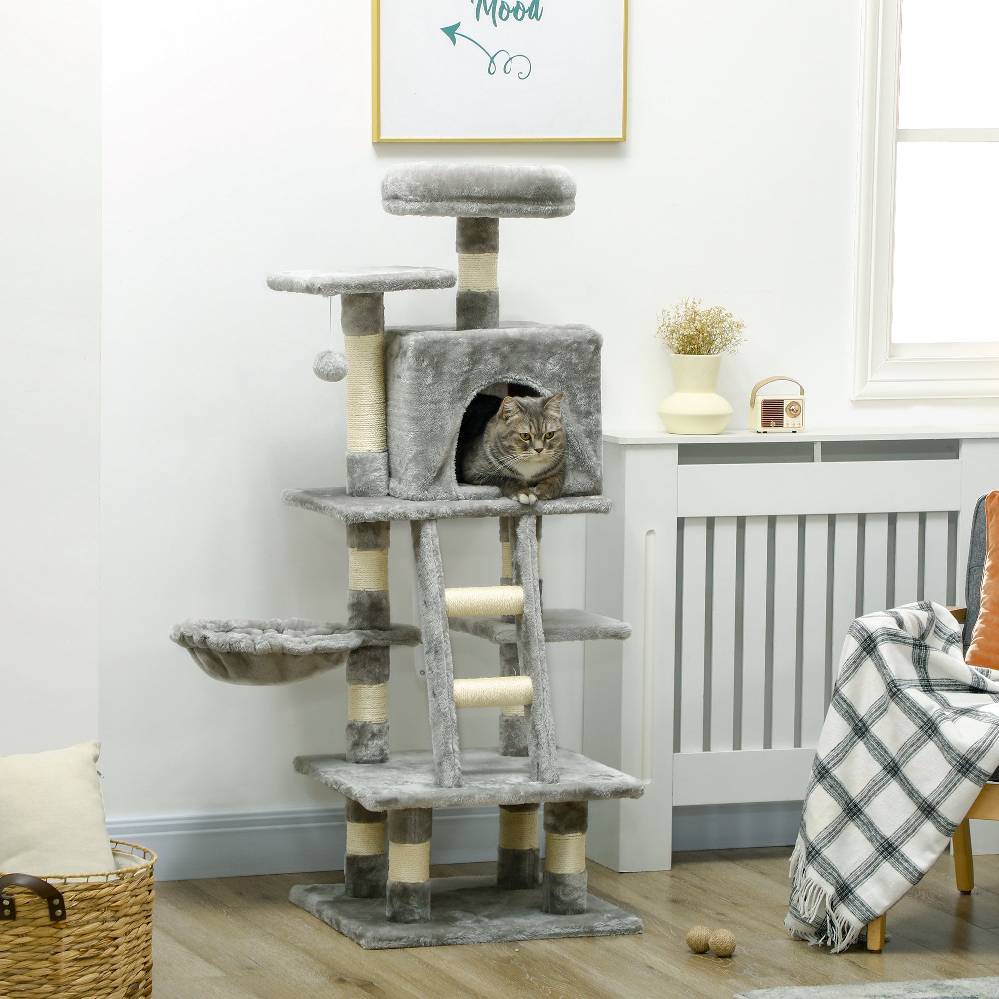 PawHut Cat Tree, Cat Tower for Indoor Cats with Sisal Scratching Post, Cat Condo, Hammock, Bed, Ladder, Platforms, Toy Balls for Kittens, Light Grey