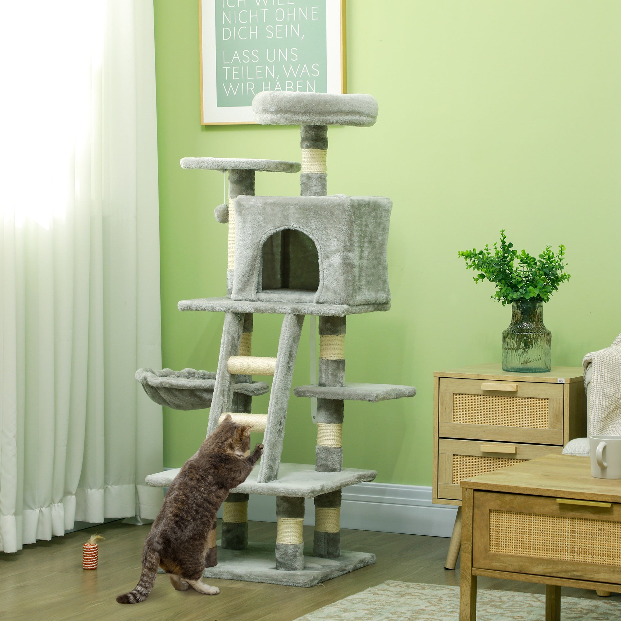 PawHut Cat Tree, Cat Tower for Indoor Cats with Sisal Scratching Post, Cat Condo, Hammock, Bed, Ladder, Platforms, Toy Balls for Kittens, Light Grey