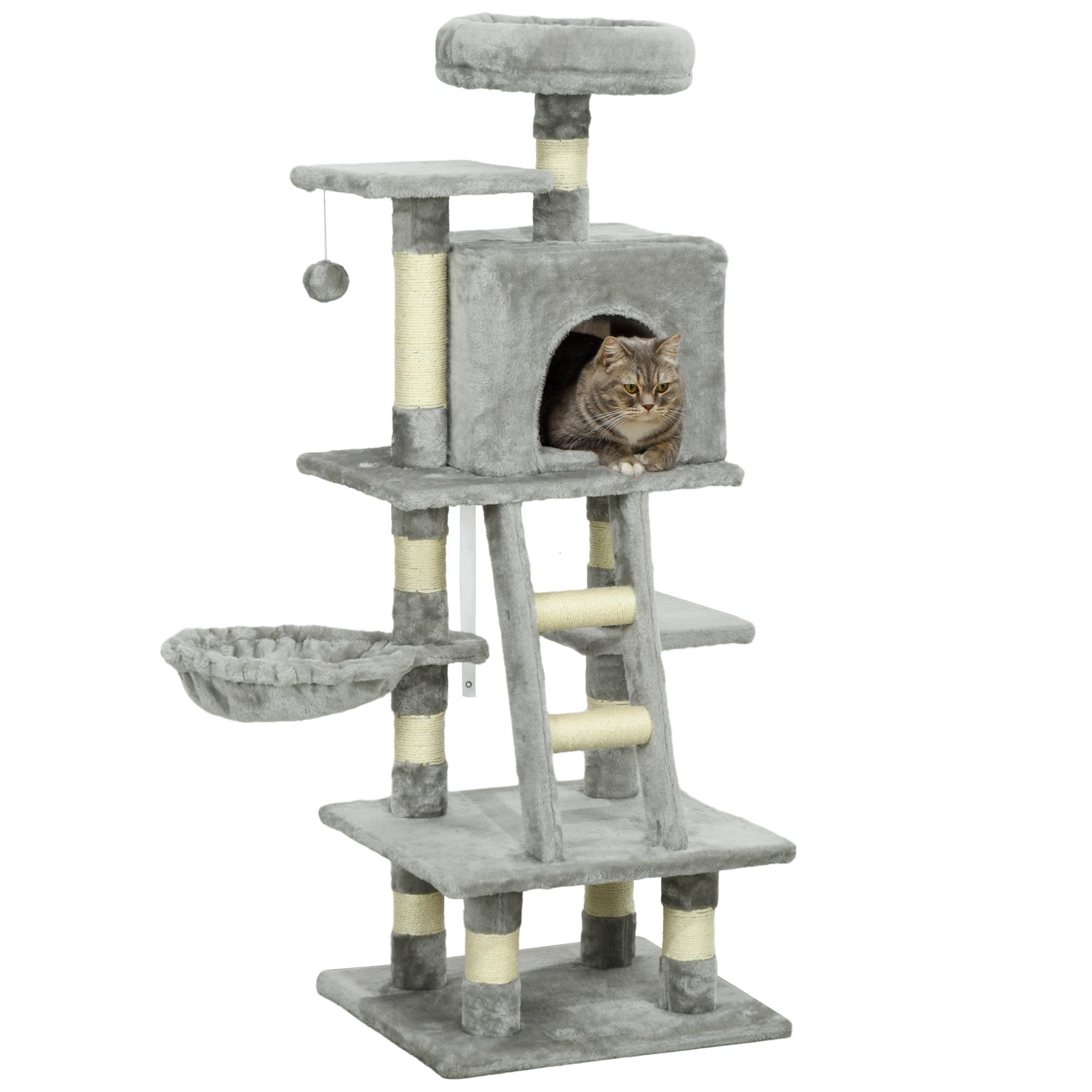PawHut Cat Tree, Cat Tower for Indoor Cats with Sisal Scratching Post, Cat Condo, Hammock, Bed, Ladder, Platforms, Toy Balls for Kittens, Light Grey