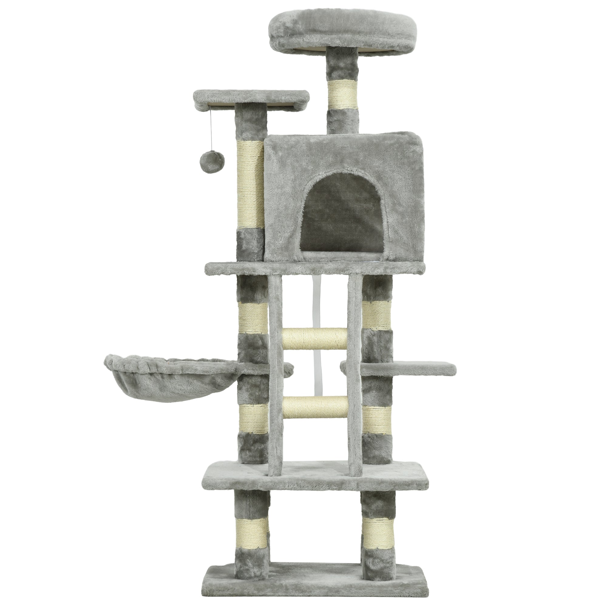 PawHut Cat Tree, Cat Tower for Indoor Cats with Sisal Scratching Post, Cat Condo, Hammock, Bed, Ladder, Platforms, Toy Balls for Kittens, Light Grey