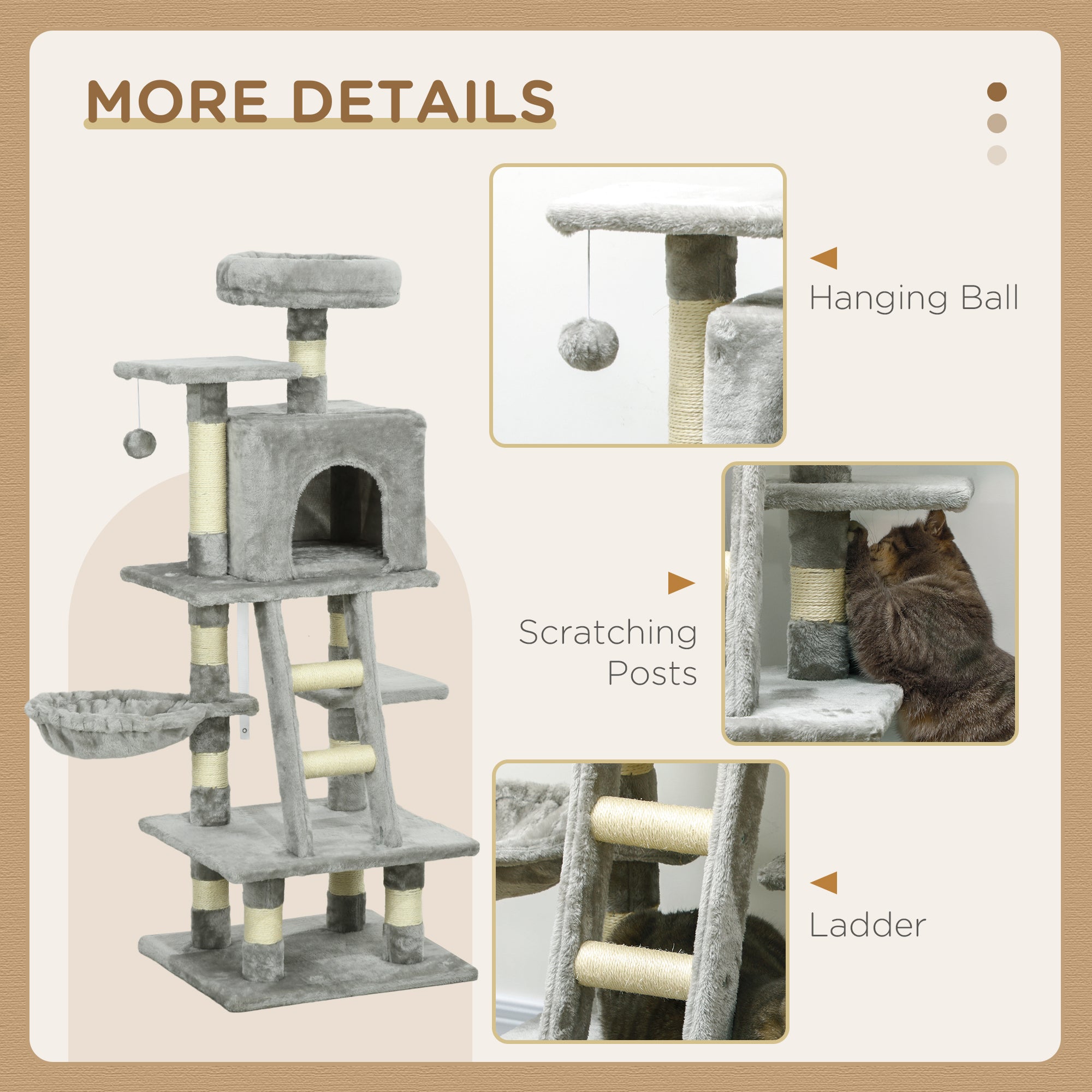 PawHut Cat Tree, Cat Tower for Indoor Cats with Sisal Scratching Post, Cat Condo, Hammock, Bed, Ladder, Platforms, Toy Balls for Kittens, Light Grey