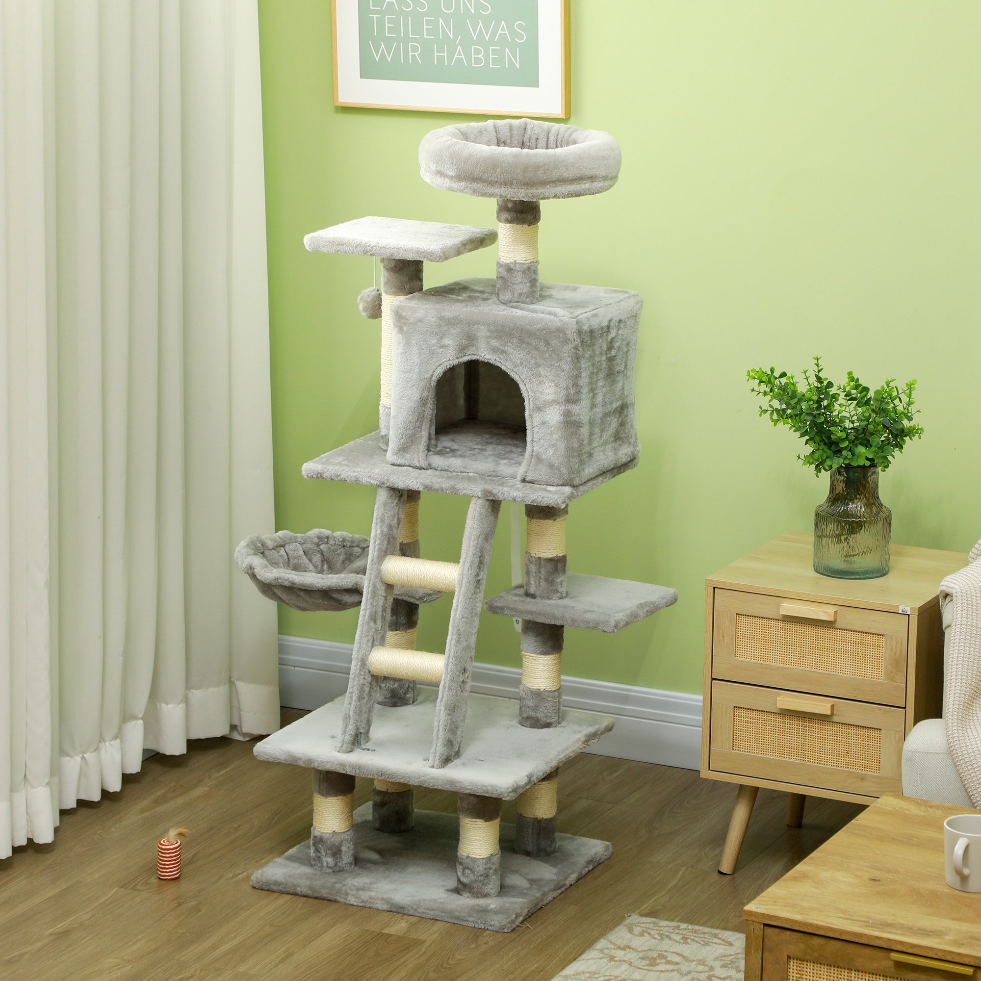 PawHut Cat Tree, Cat Tower for Indoor Cats with Sisal Scratching Post, Cat Condo, Hammock, Bed, Ladder, Platforms, Toy Balls for Kittens, Light Grey