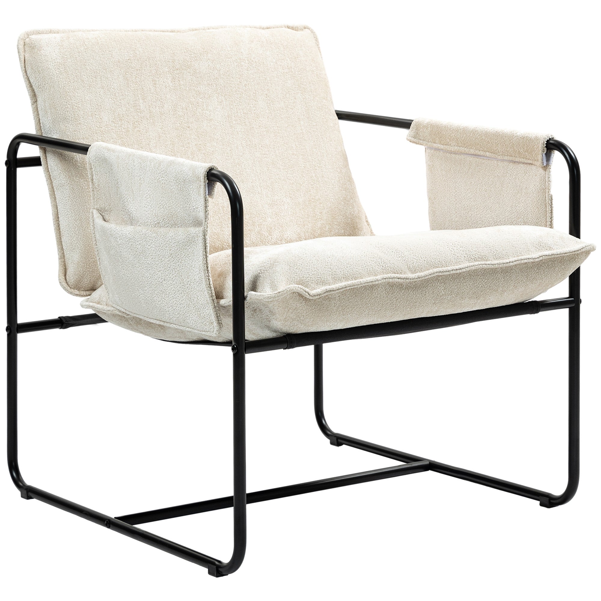 HOMCOM Modern Accent Chair, Upholstered Chenille Armchair with Side Pockets and Solid Steel Frame, Comfy Reading Chair for Bedroom, Living Room, Beige