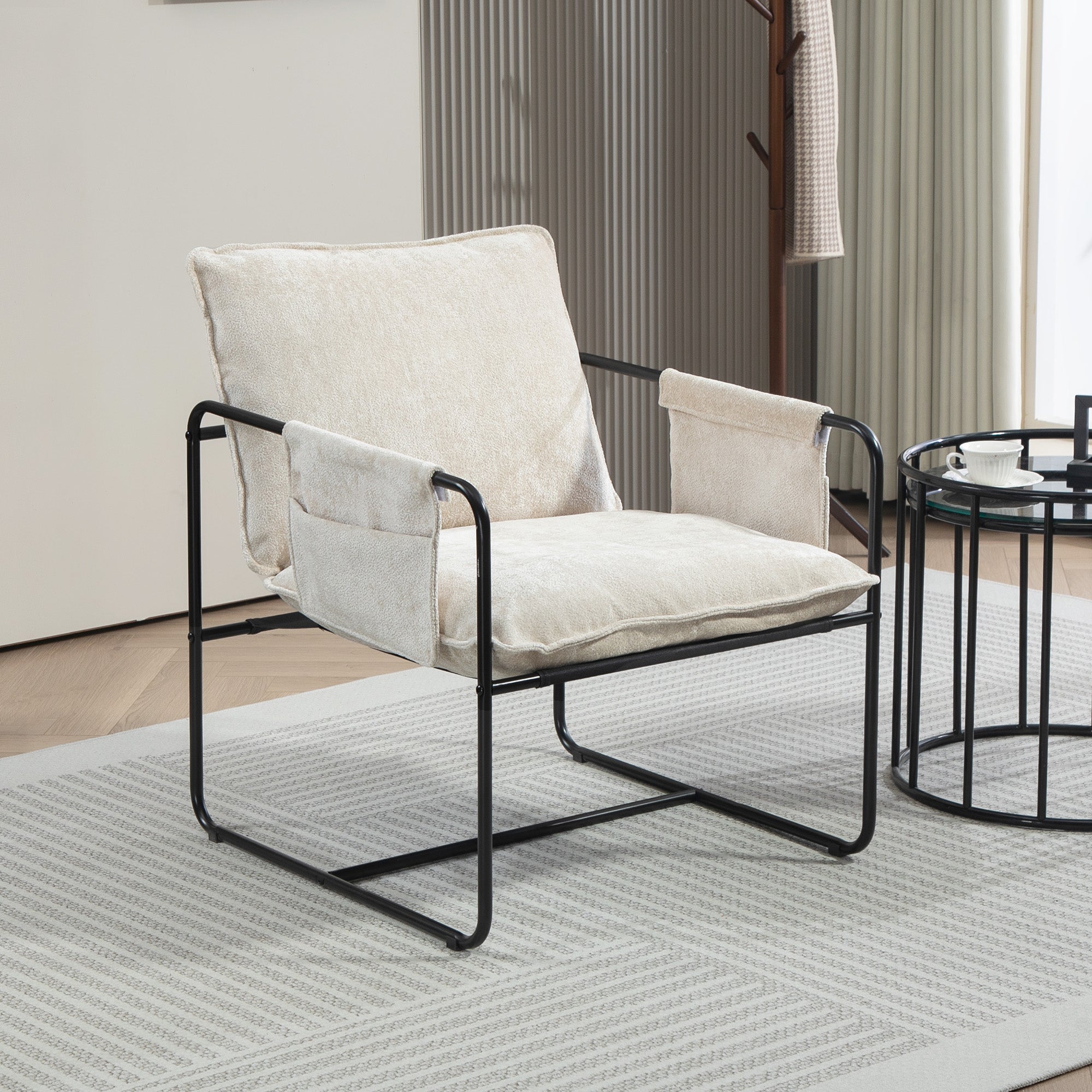HOMCOM Modern Accent Chair, Upholstered Chenille Armchair with Side Pockets and Solid Steel Frame, Comfy Reading Chair for Bedroom, Living Room, Beige