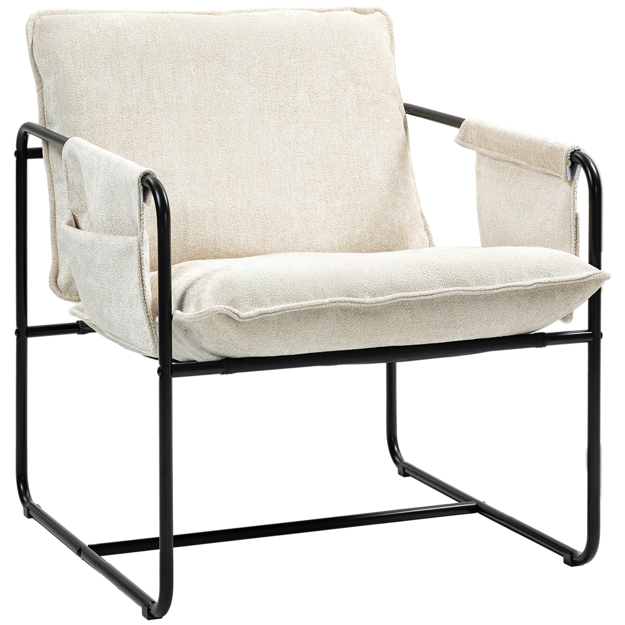 HOMCOM Modern Accent Chair, Upholstered Chenille Armchair with Side Pockets and Solid Steel Frame, Comfy Reading Chair for Bedroom, Living Room, Beige