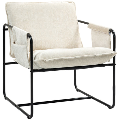 HOMCOM Modern Accent Chair, Upholstered Chenille Armchair with Side Pockets and Solid Steel Frame, Comfy Reading Chair for Bedroom, Living Room, Beige