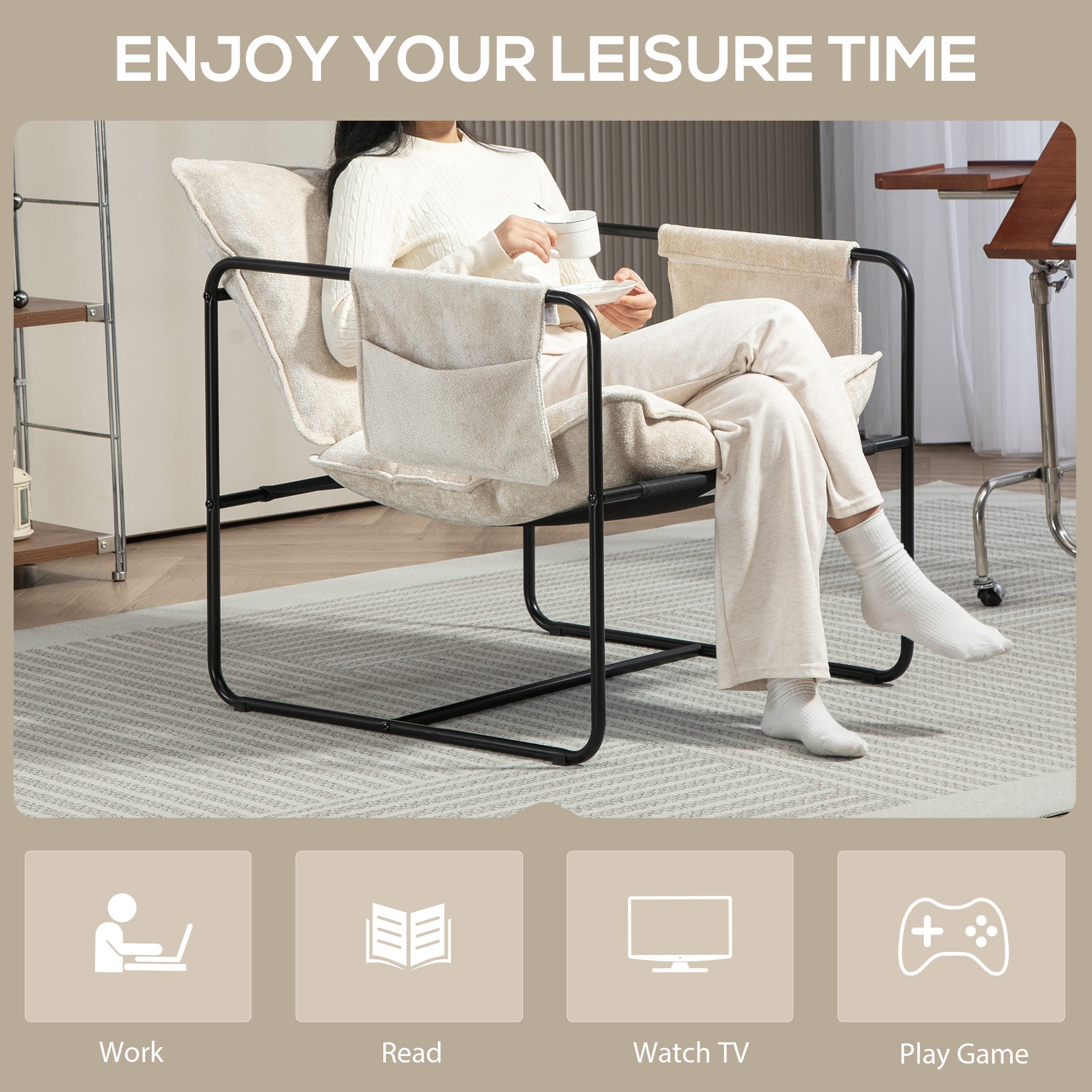 HOMCOM Modern Accent Chair, Upholstered Chenille Armchair with Side Pockets and Solid Steel Frame, Comfy Reading Chair for Bedroom, Living Room, Beige